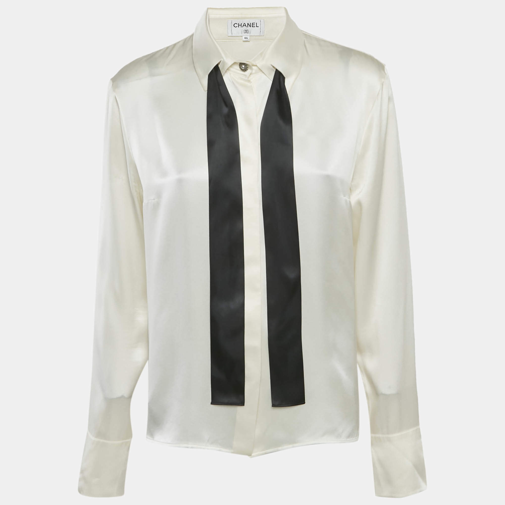 Pre Owned Chanel Ivory Satin Silk Tie-Up Neck Detail Shirt L