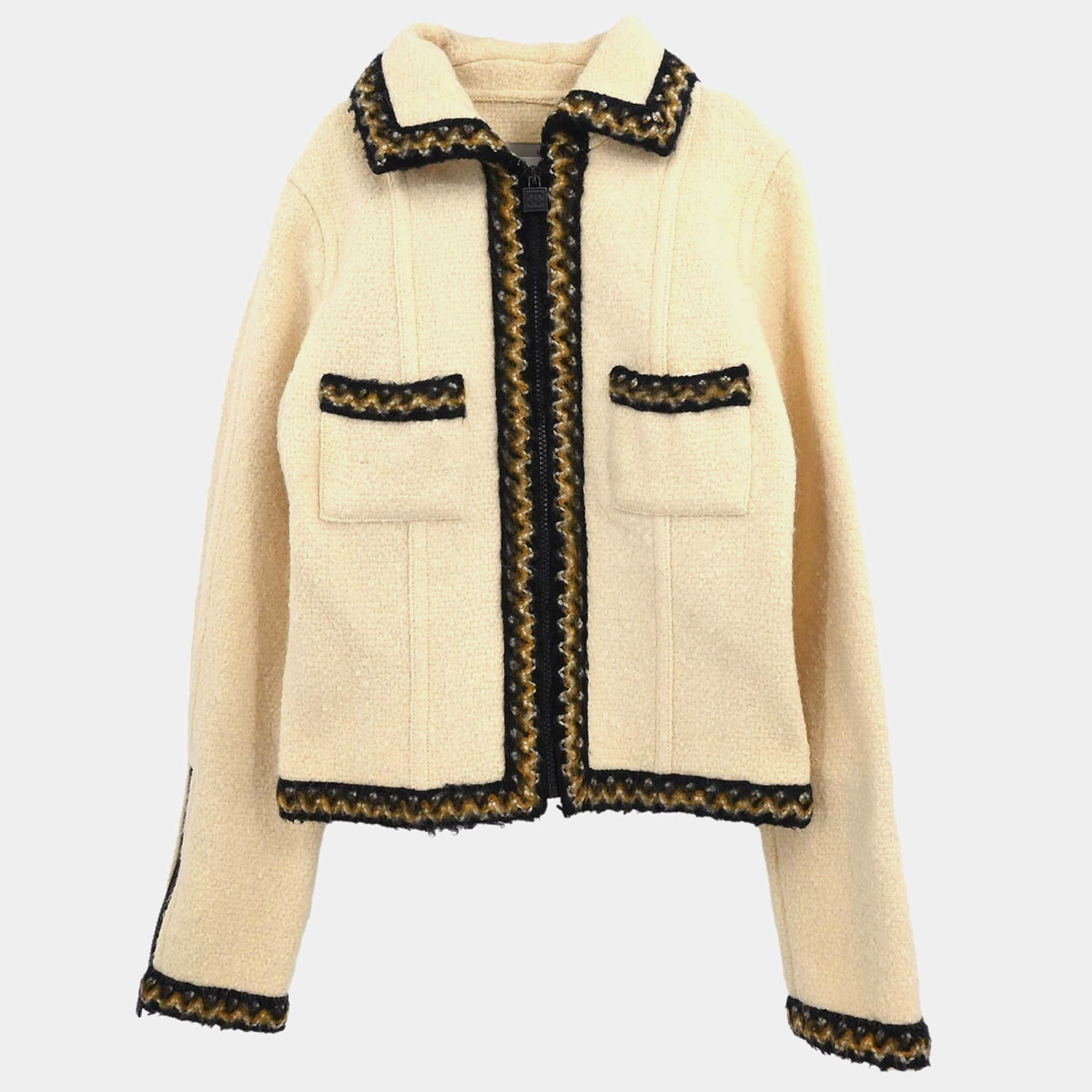 Chanel Zip Up Beige Wool Jacket