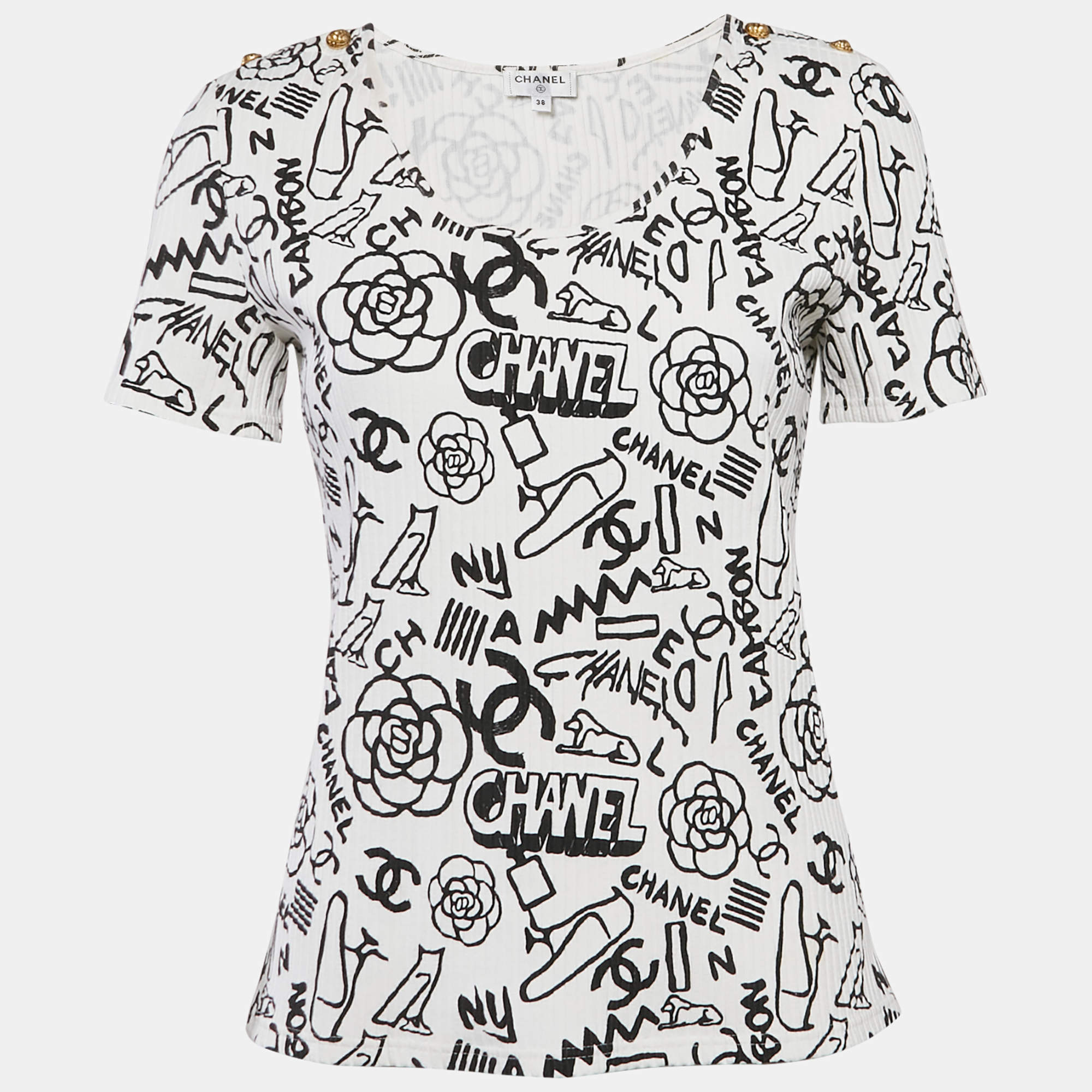 Chanel White Print Stretch Knit Top M
