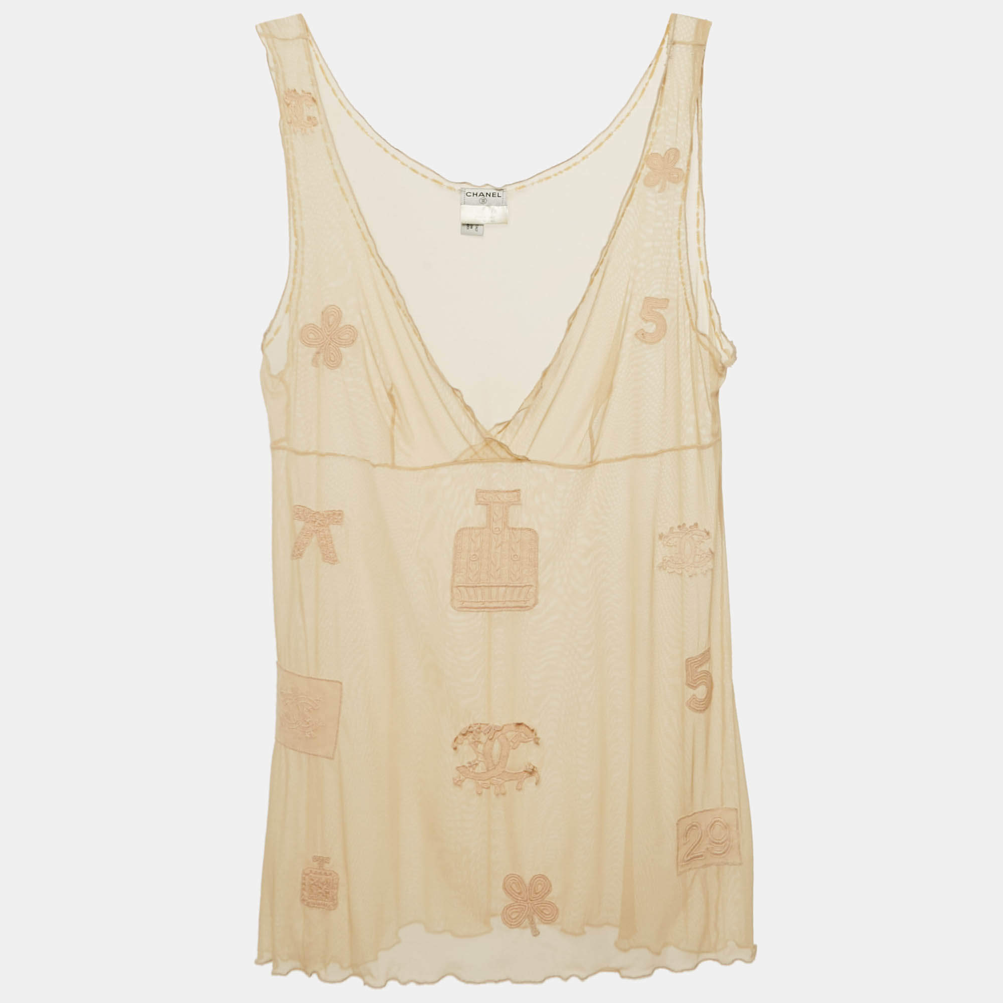 Chanel Vintage Beige Stretch Tulle Applique Detail Sheer Top L