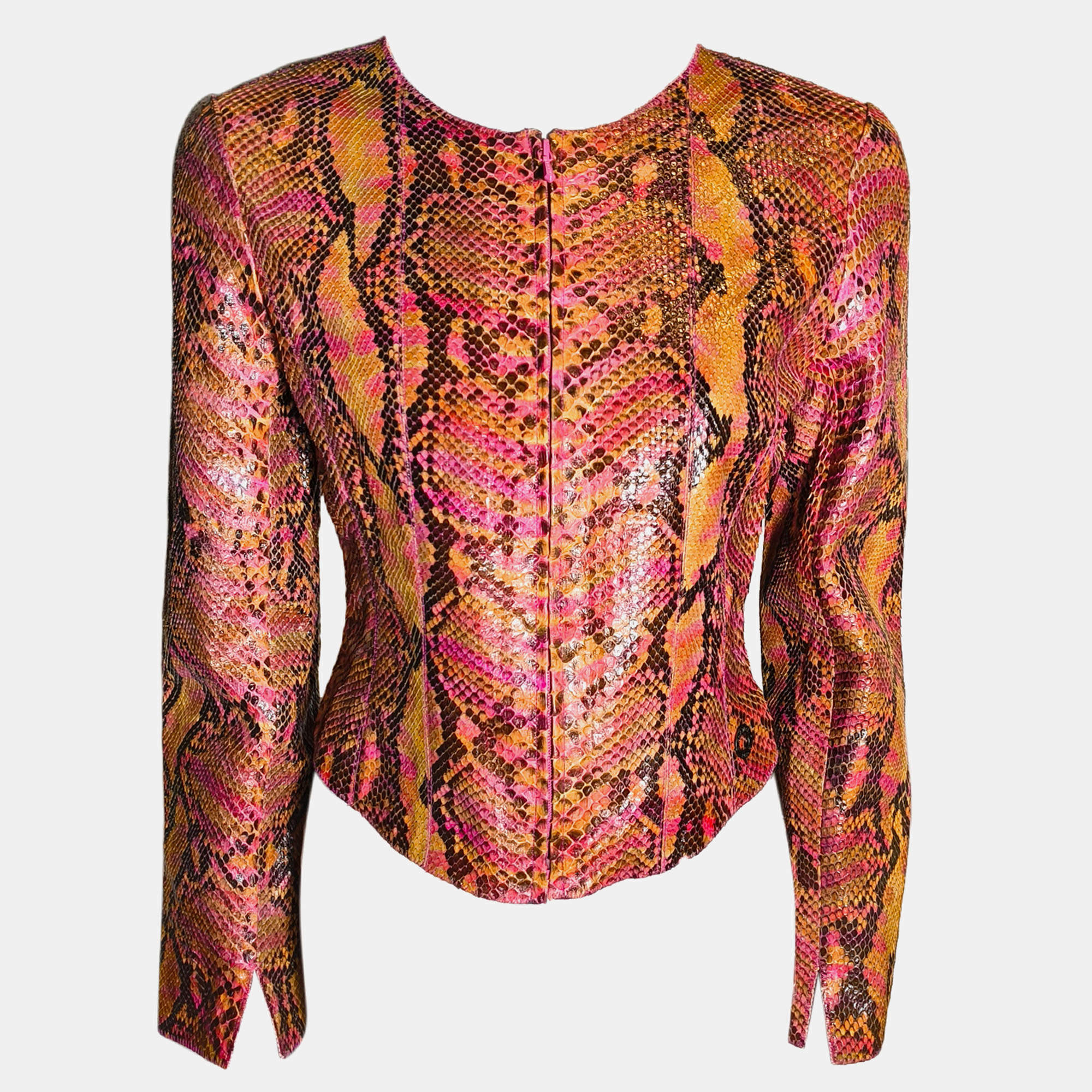 Pre Owned جاكيت شانيل جلد بايثون أحمر بسحاب أمامي FR ٣٦