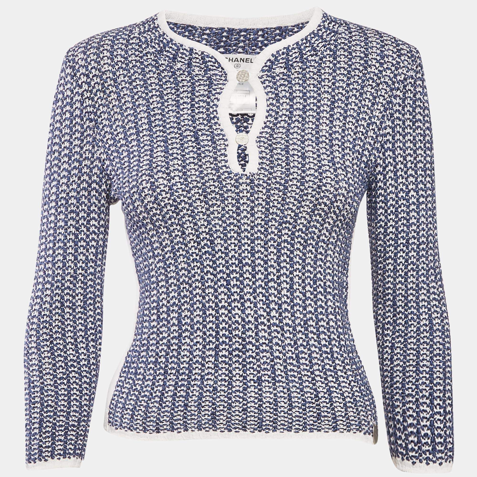 Chanel Blue Crochet Knit Long Sleeve Top S