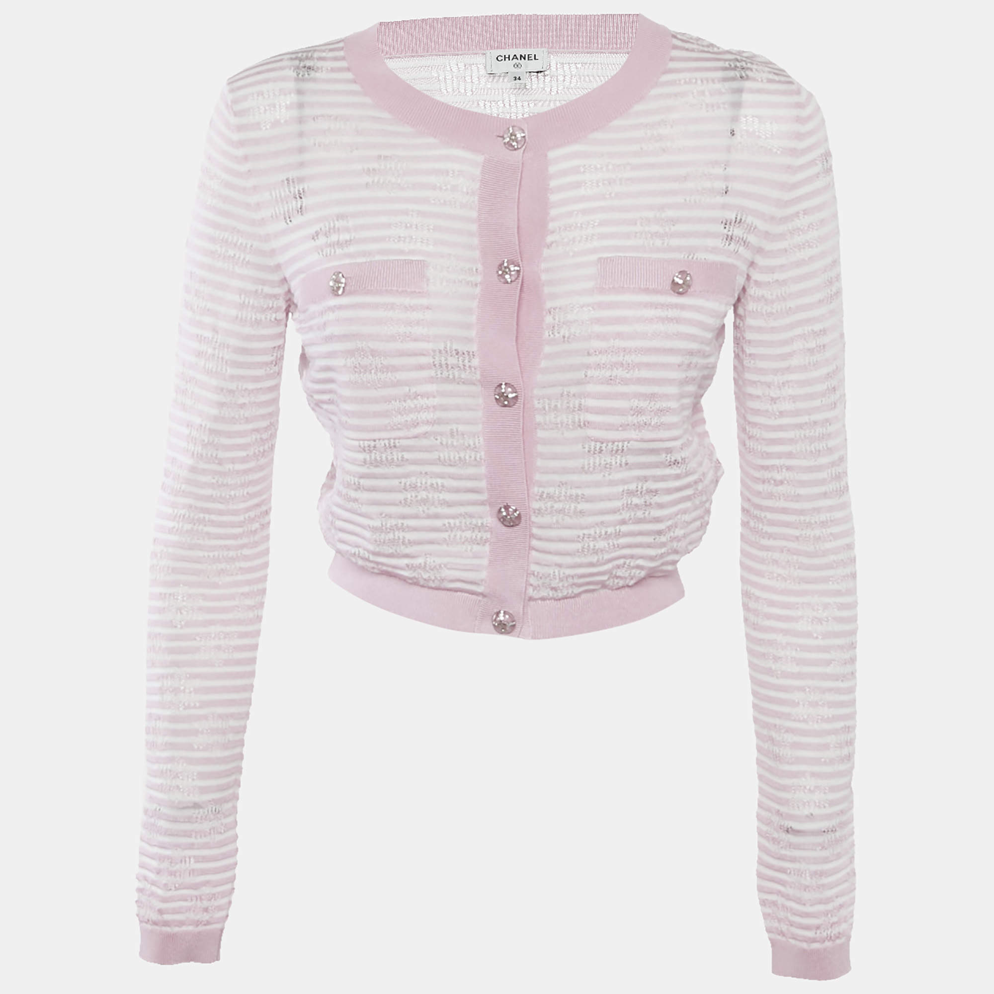 Chanel Pink Stripe Patterned Knit Button Front Cardigan S