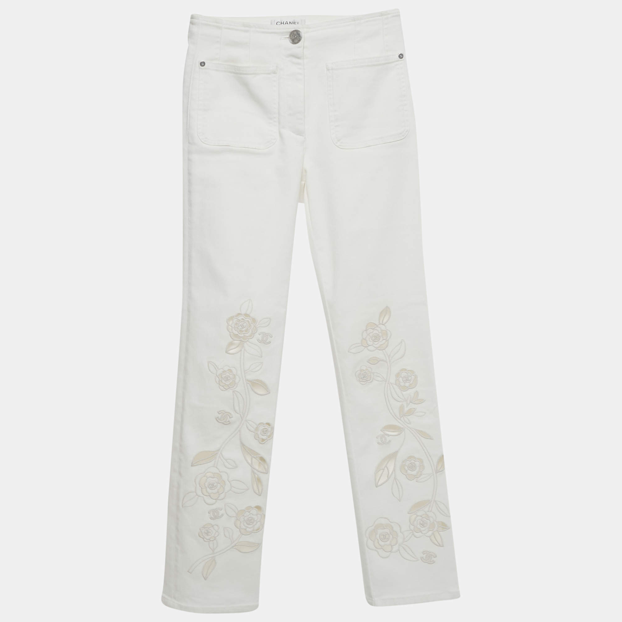 Pre Owned Chanel White Floral Embroidery Cotton Drill Pants S