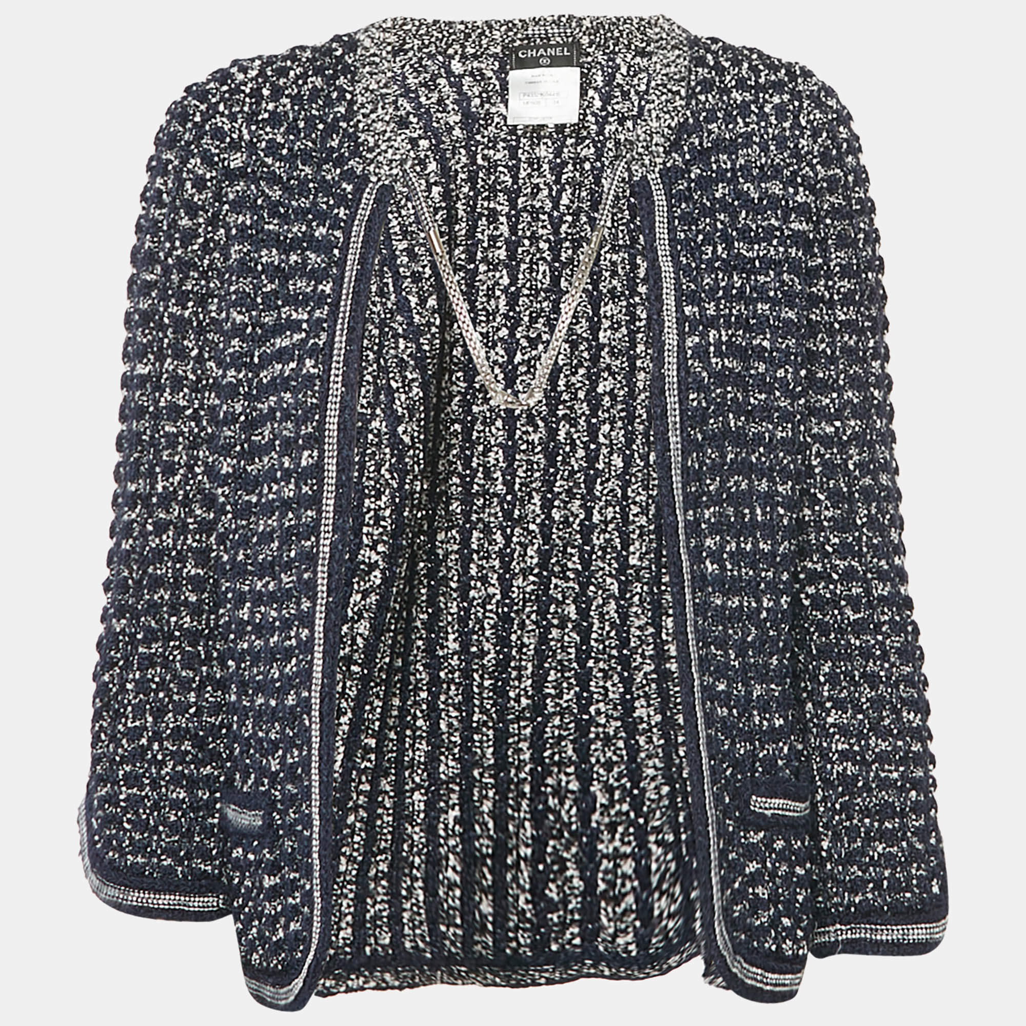 Pre Owned Chanel Navy Blue Crochet Knit Neck Chain Detail Cardigan S