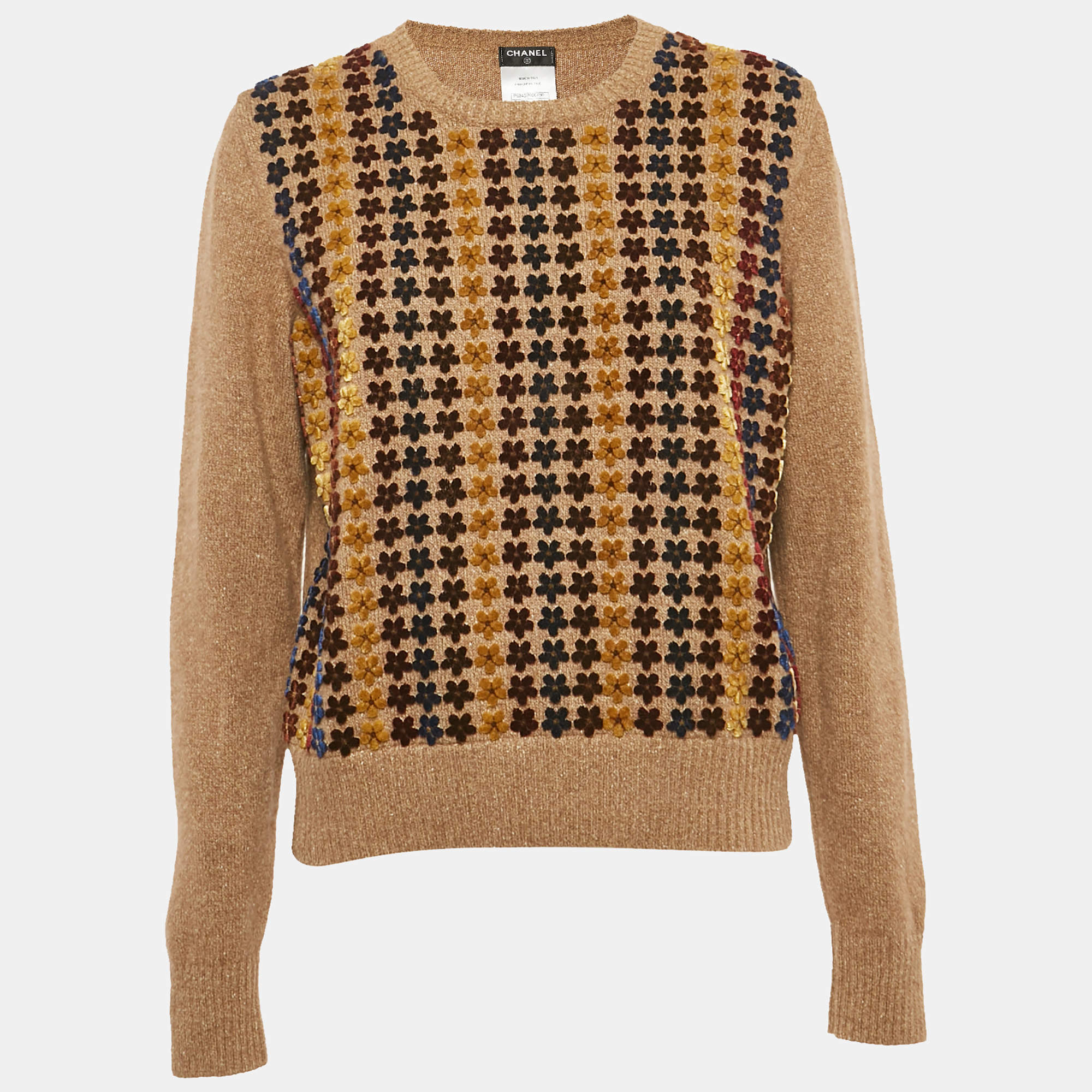 Pre Owned سويتر شانيل صوفي كشمير بني بأكمام طويلة مزهرة متوسط