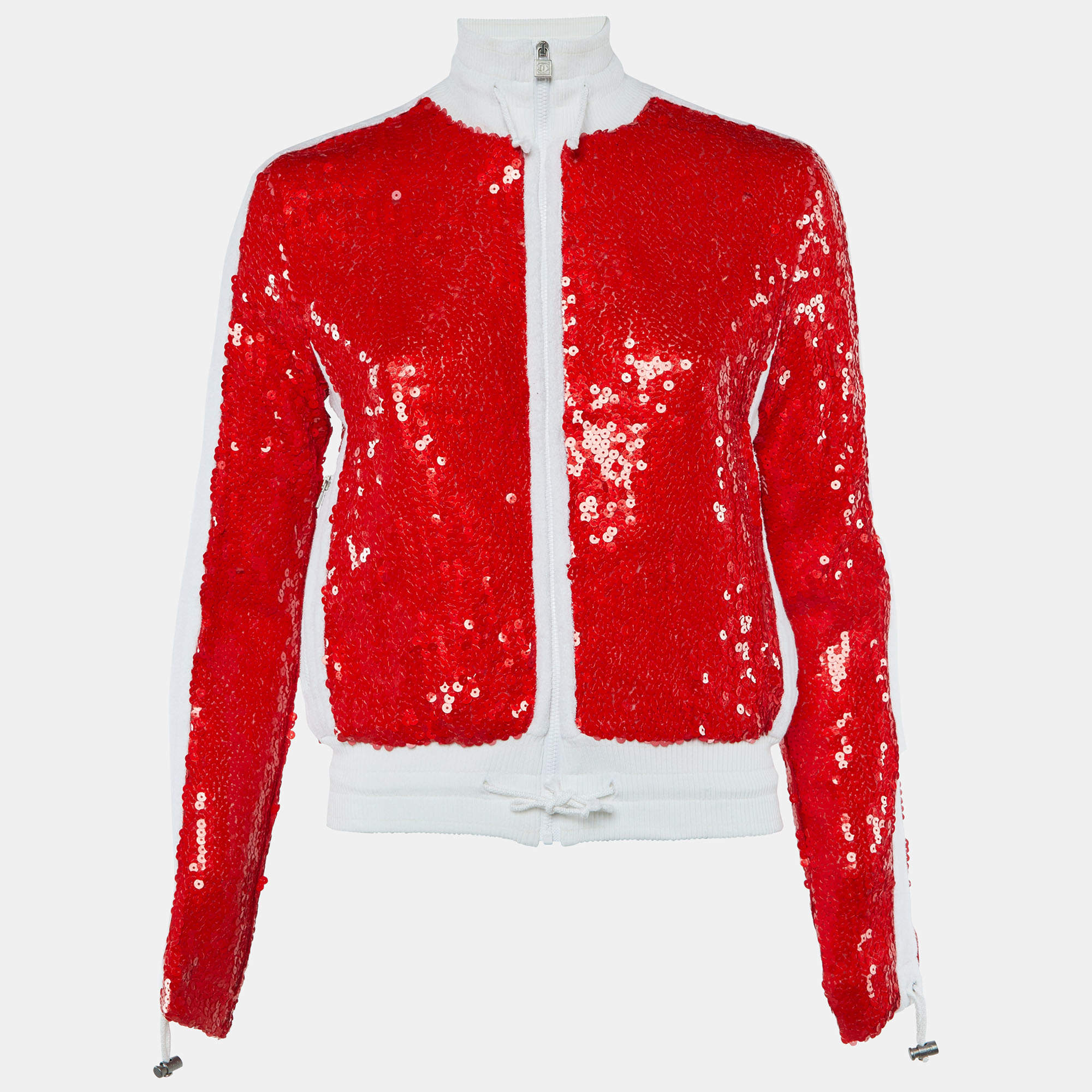Pre Owned Chanel White Terry & Red Sequin Embbellished Zip Front Jacket S