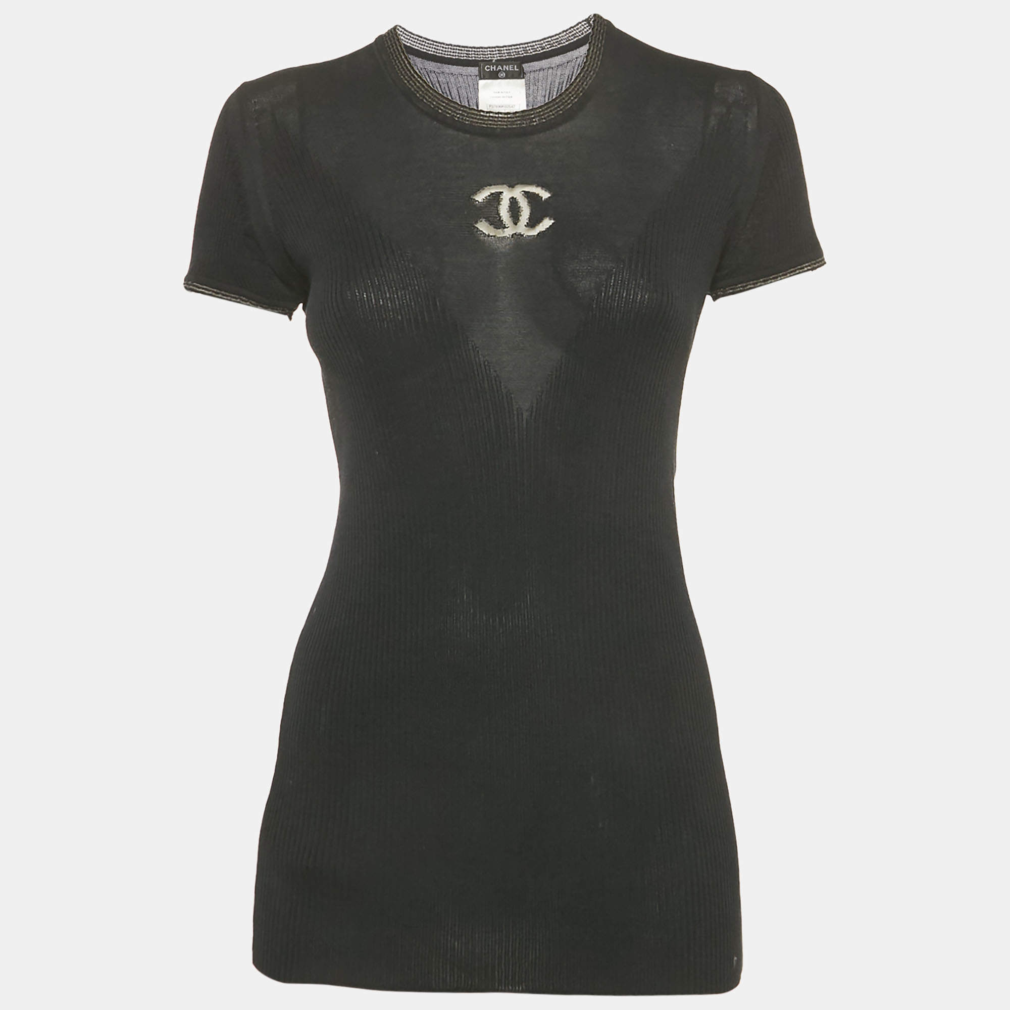 مملوكة مسبقًا Chanel Black Logo Detail Rib Knit Top L