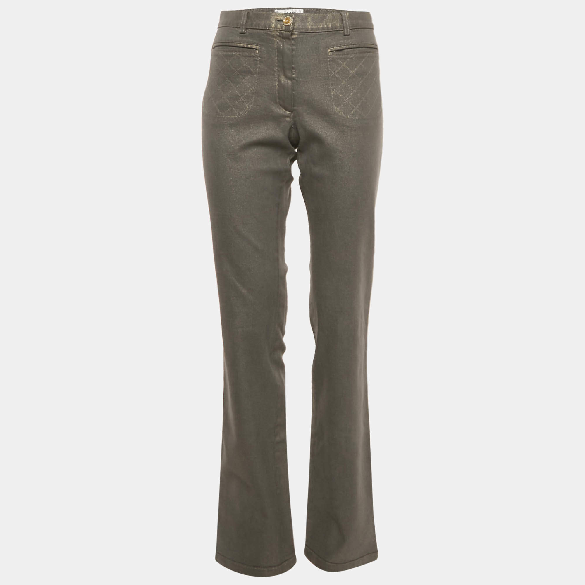 Pre Owned Chanel Grey Pearl Effect Denim Jeans M Waist 32"