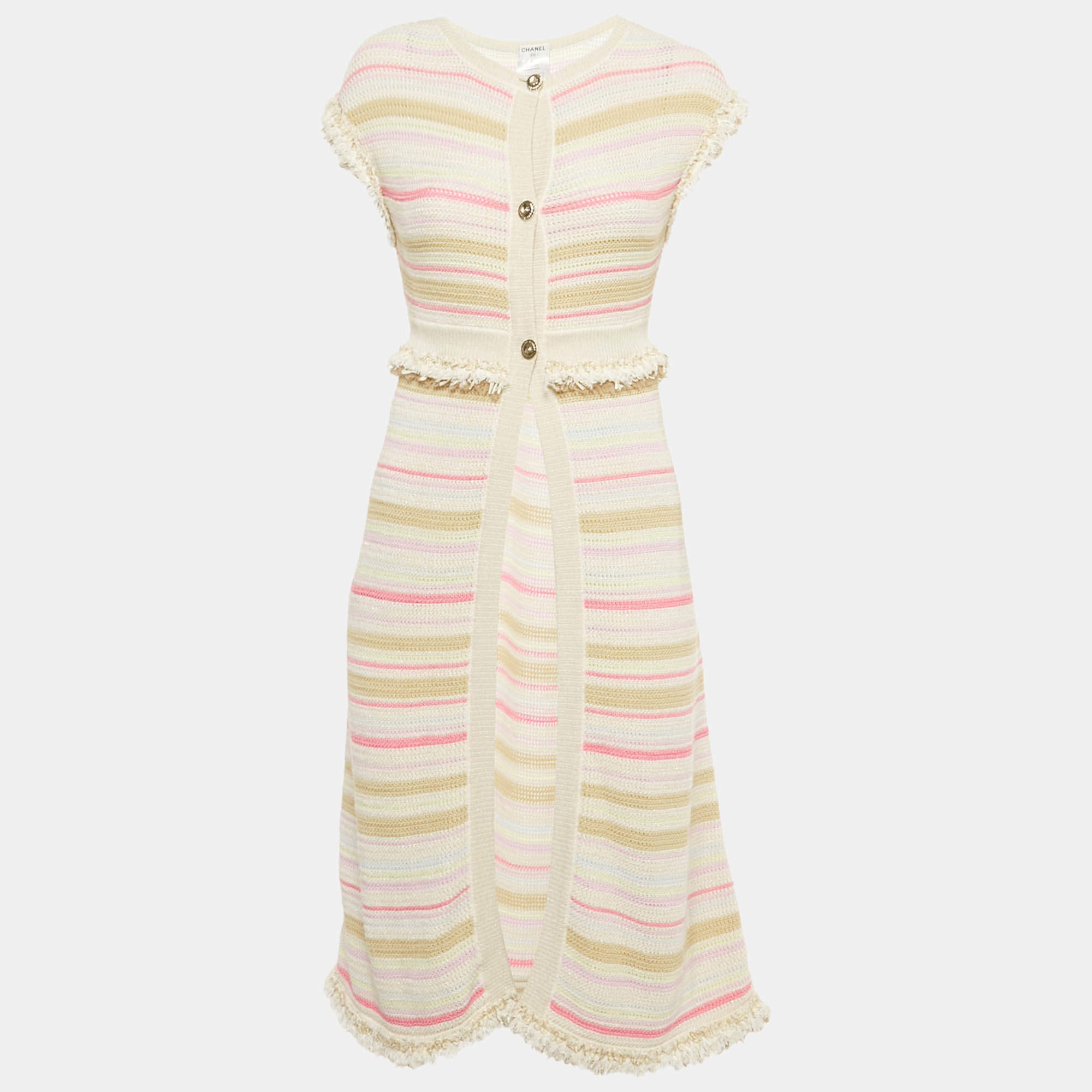 Pre Owned Chanel Cream/Pink Striped Knit Short Sleeve Cardigan S