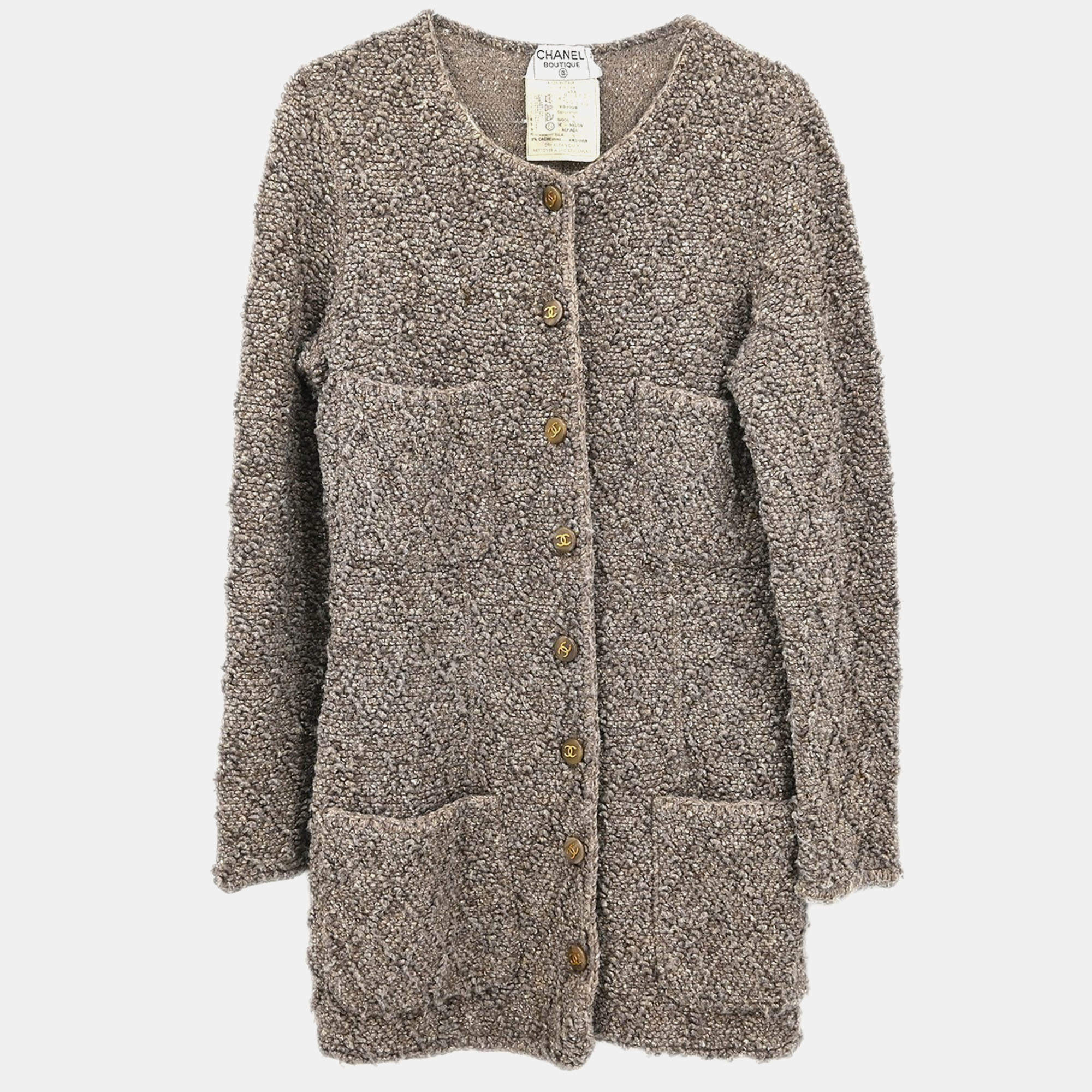 Pre Owned Chanel Collarless Brown Wool Jacket Women Size 40