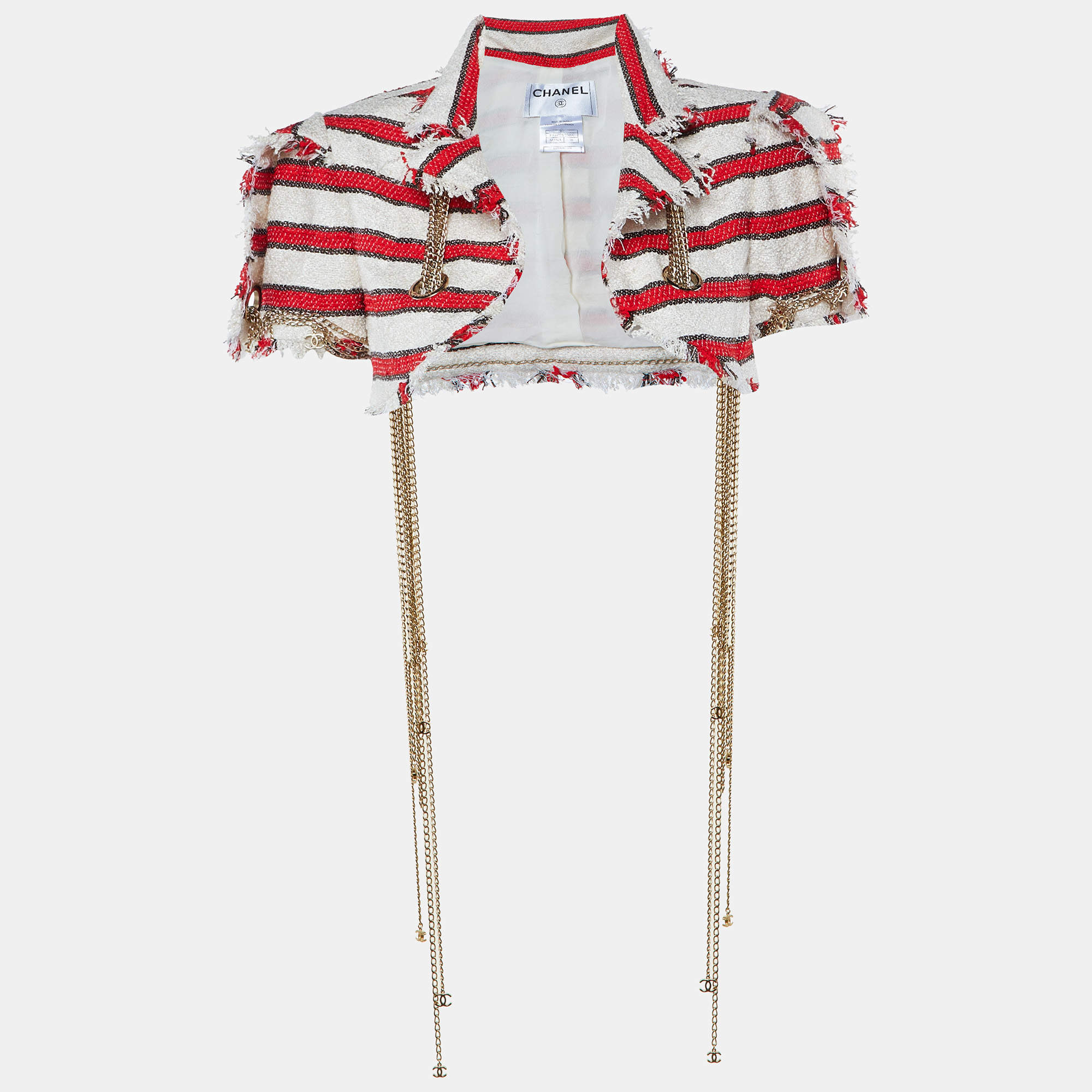 Pre Owned Chanel Red & Off White Tweed CC Logo Chain Detail Frayed Cropped Jacket M