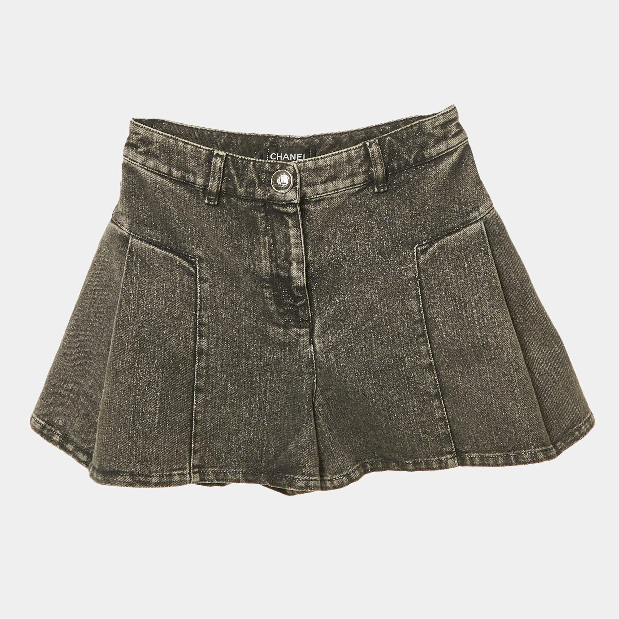 Pre Owned Chanel Grey Logo Embroidered Flared Denim Shorts S Waist 26"