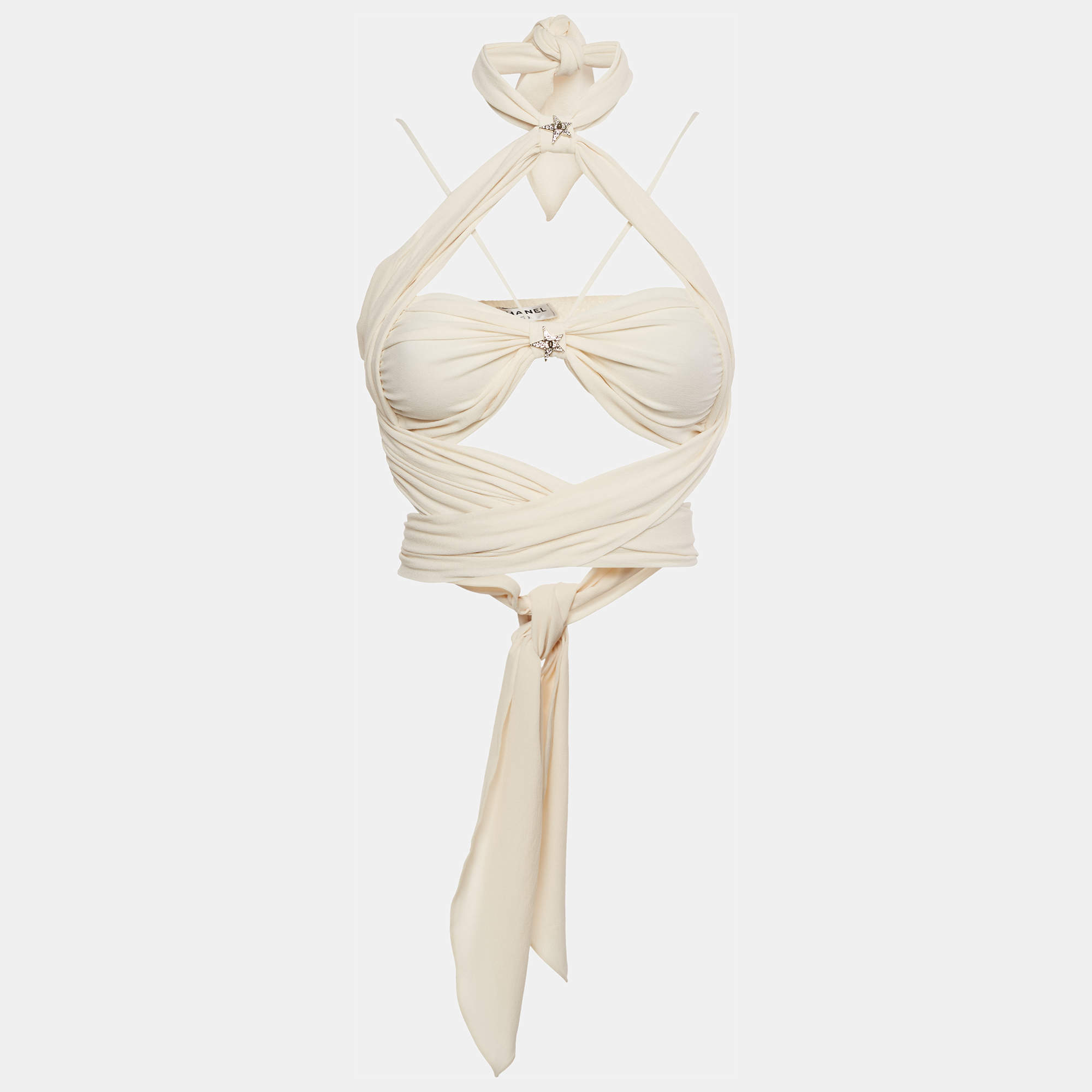 مملوكة مسبقًا توب شانيل حرير بكريمة شعار بنجوم تفاصيل مقطوعة مقاس صغير - سمول