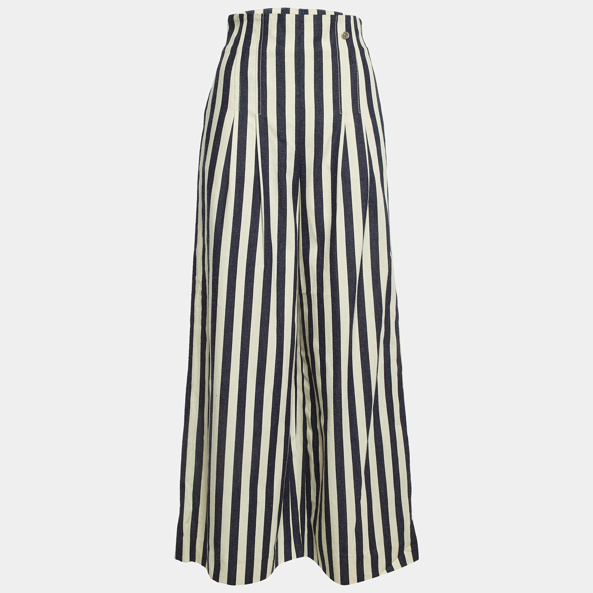 Pre Owned Chanel Navy Blue Stripe Cotton Flared Cuba Pants M