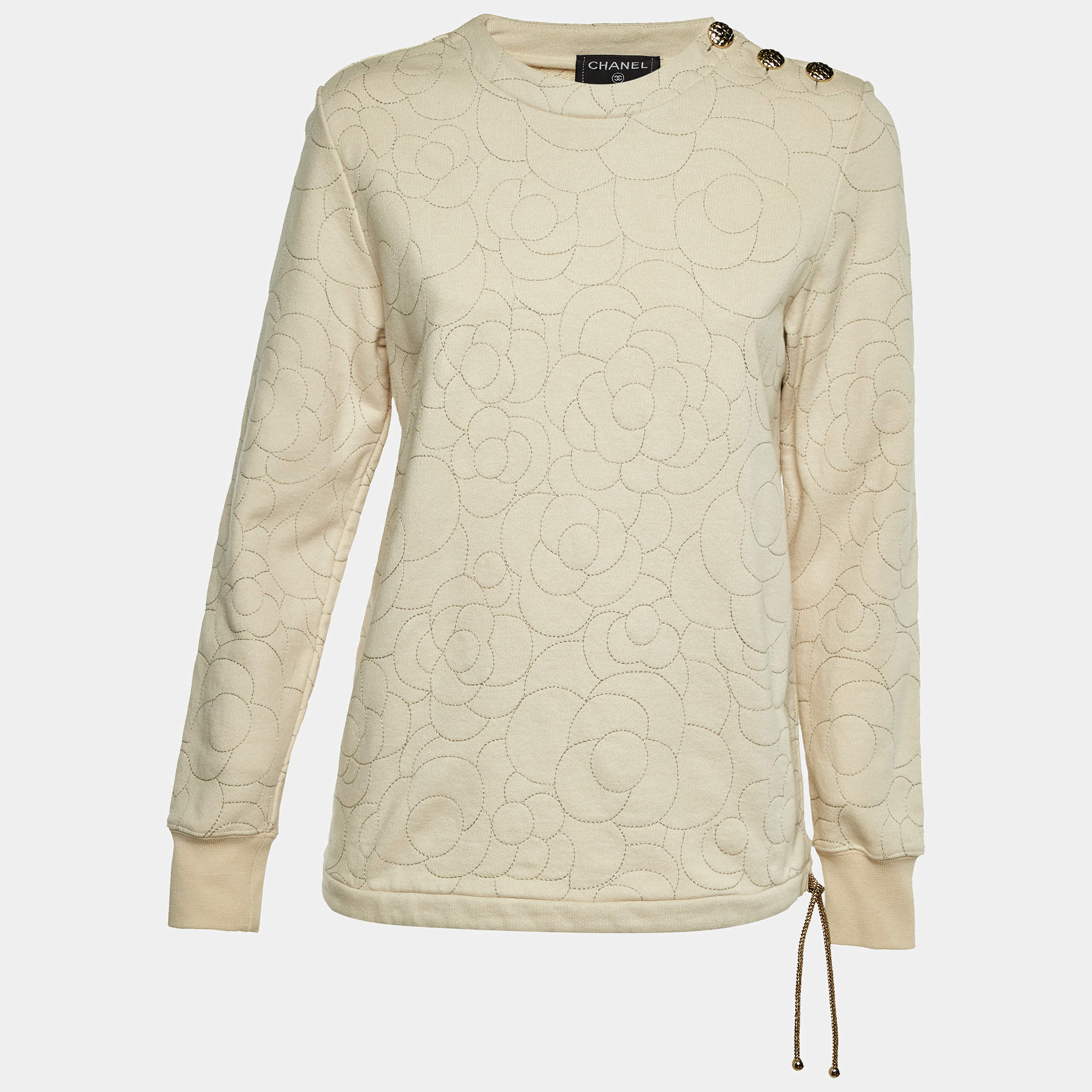 Pre Owned Chanel Beige Embroidered Cotton Sweatshirt S