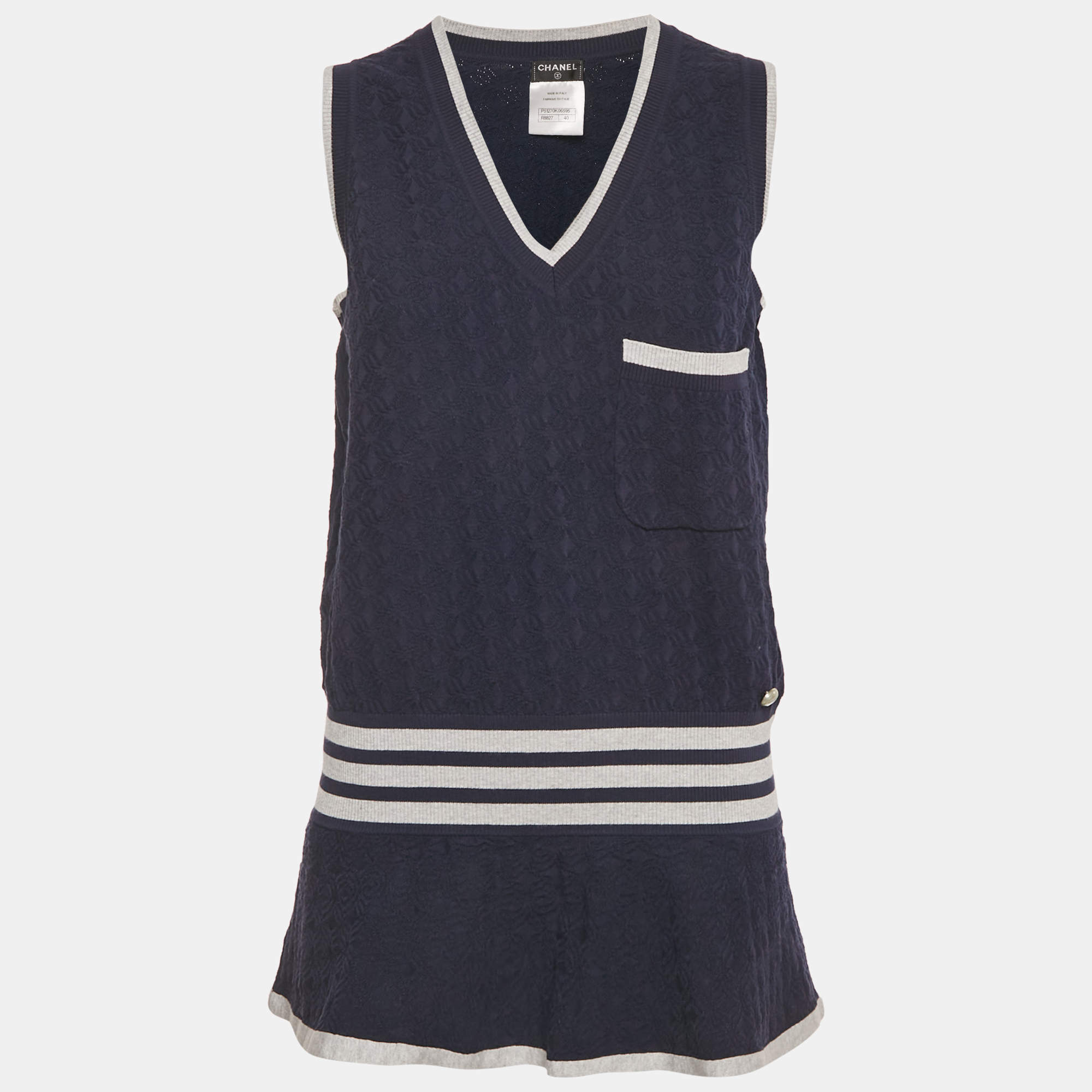 Pre Owned Chanel Navy Blue Patterned Cotton Knit Flared Long Vest M