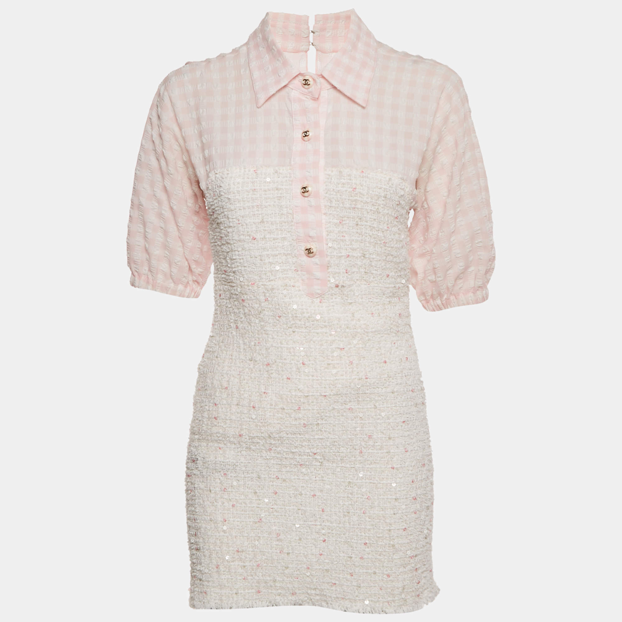 مملوكة مسبق ًا Chanel Pink Seeksucker and Tweed Mini Dress M