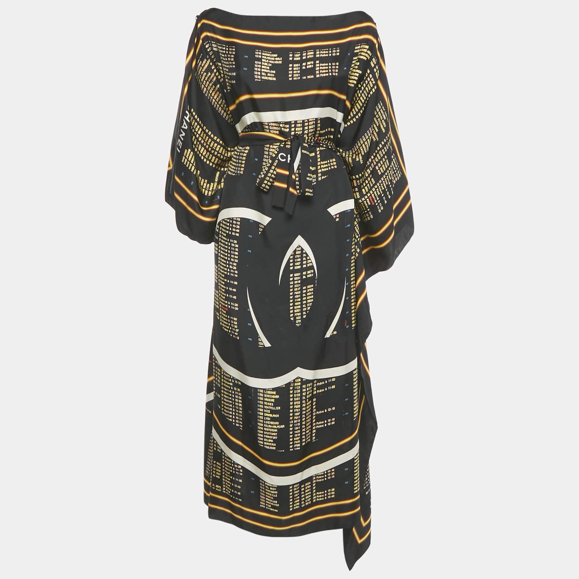 Pre Owned Chanel Black Printed Silk Asymmetric Kaftan Dress One Size 