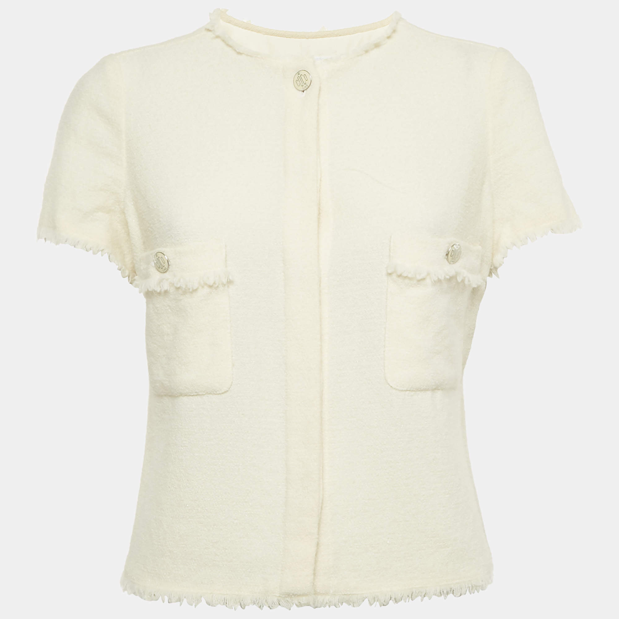 Pre Owned Chanel Cream Wool Tweed Button Front Cropped Jacket M