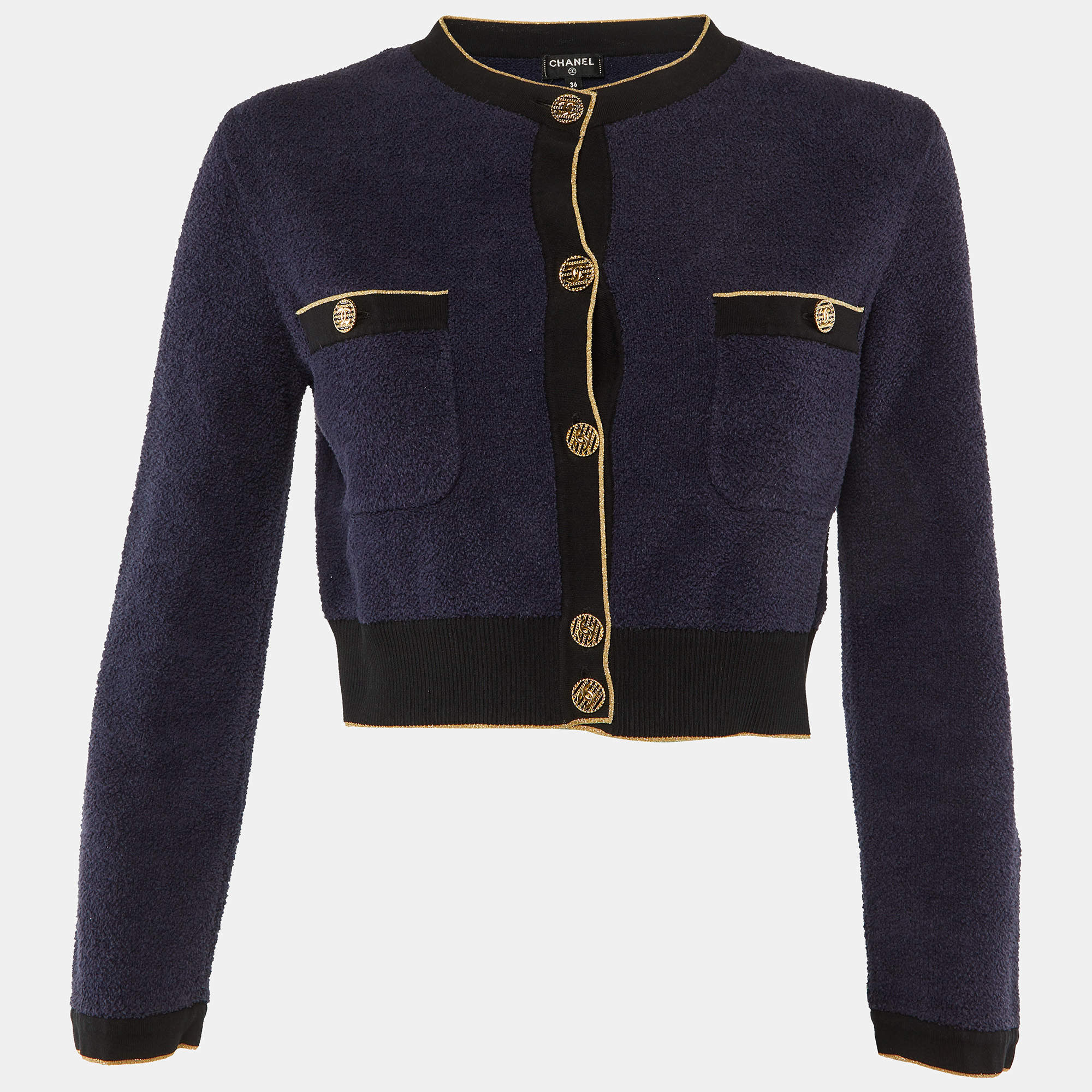 Pre Owned Chanel Navy Blue Cotton Fleece Cropped Cardigan S 