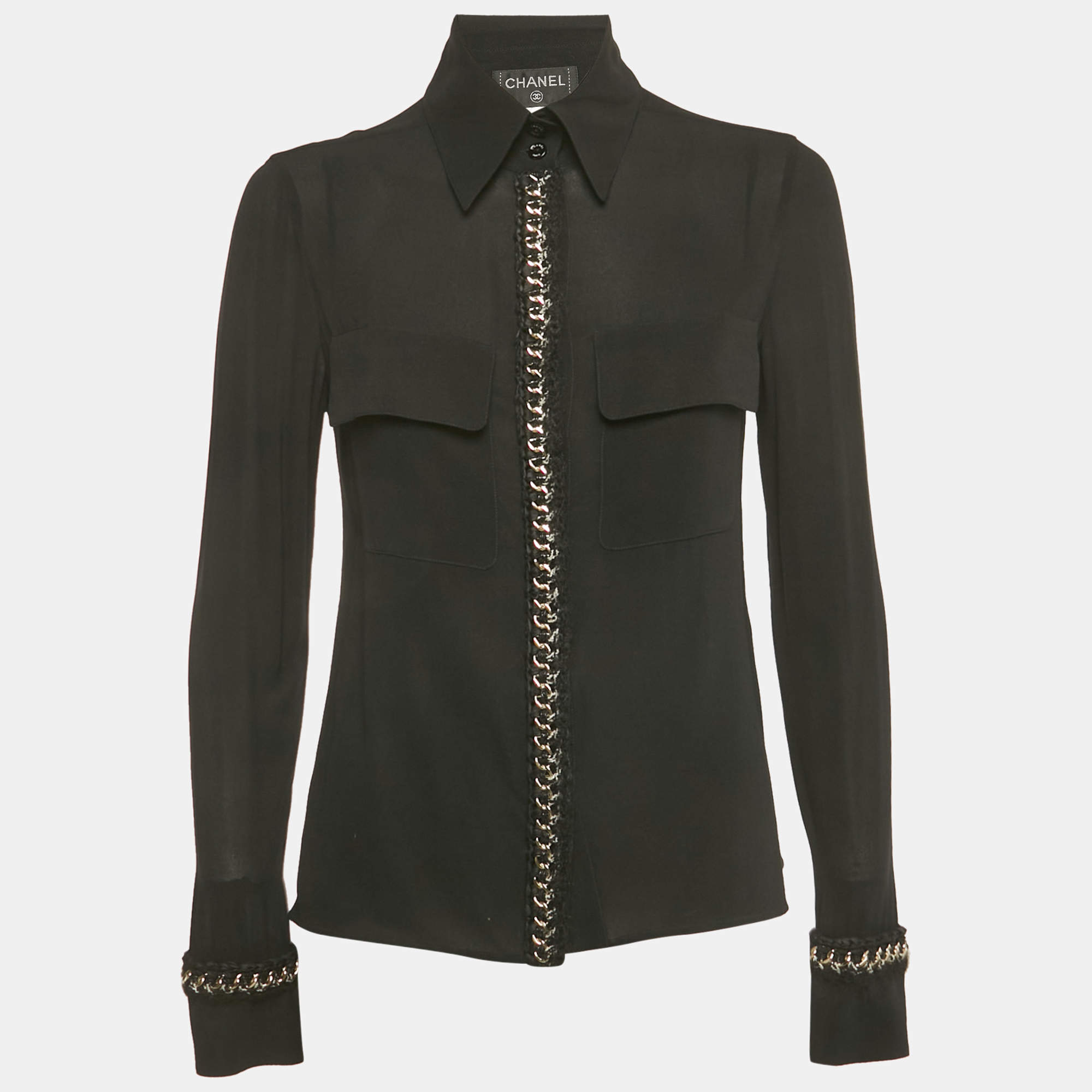 Pre Owned Chanel Black Stretch Silk Tweed and Chain Trimmed Button Front Blouse M