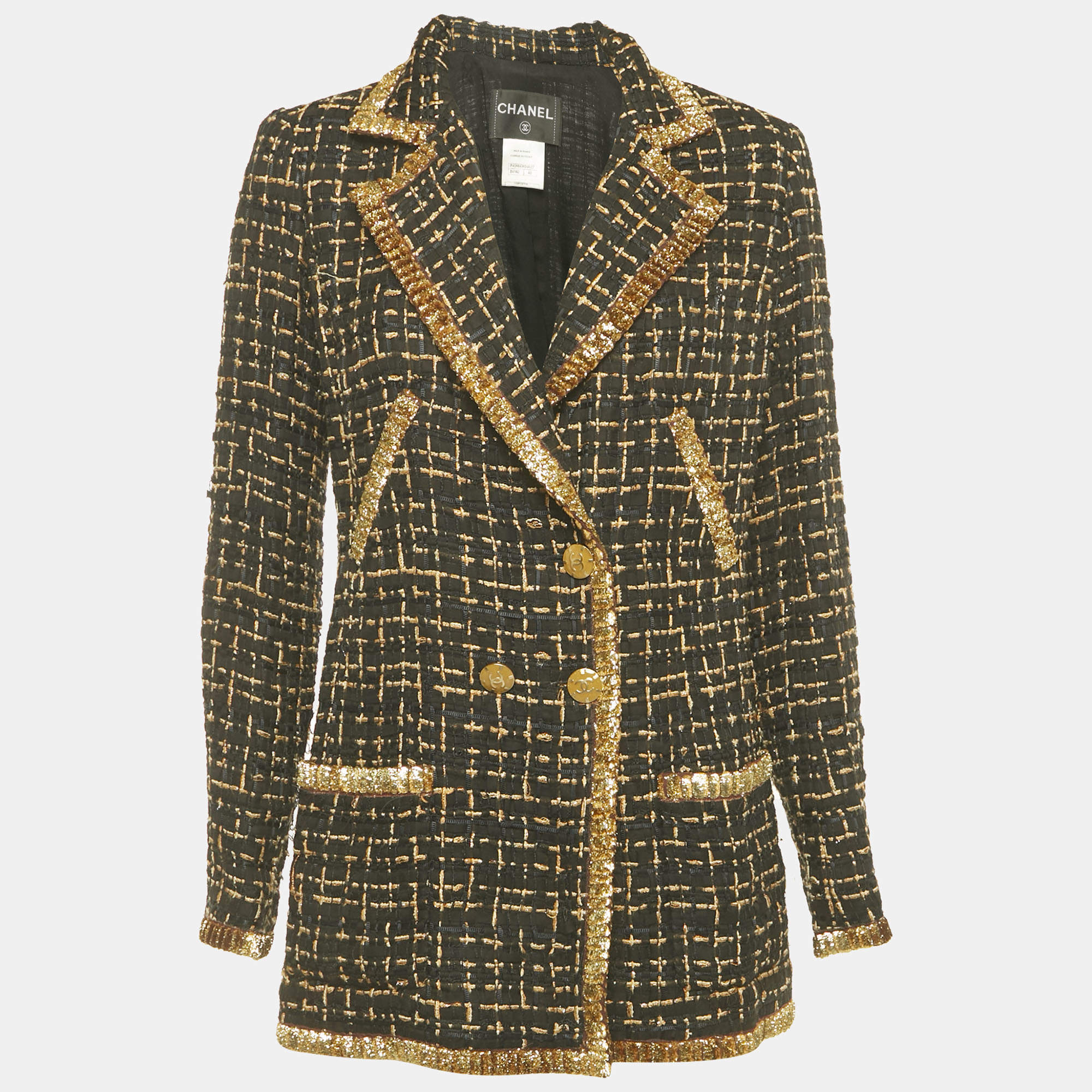 Pre Owned جاكيت شانيل لوركس أسود / ذهبي تويد بأزرار مزدوجة مقاس وسط (ميديوم)