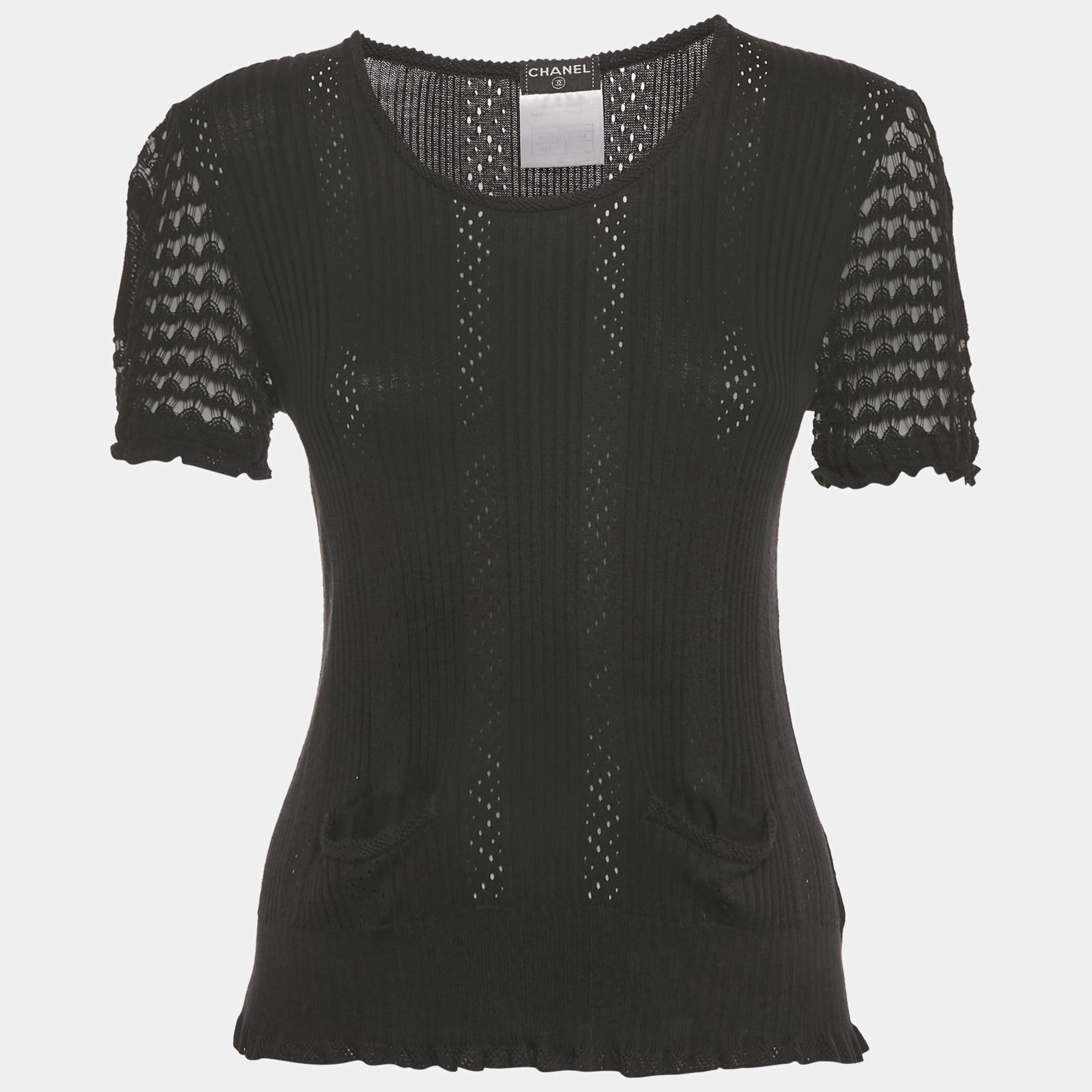 Pre Owned Chanel Black Rib Knit Pocket Front Top L