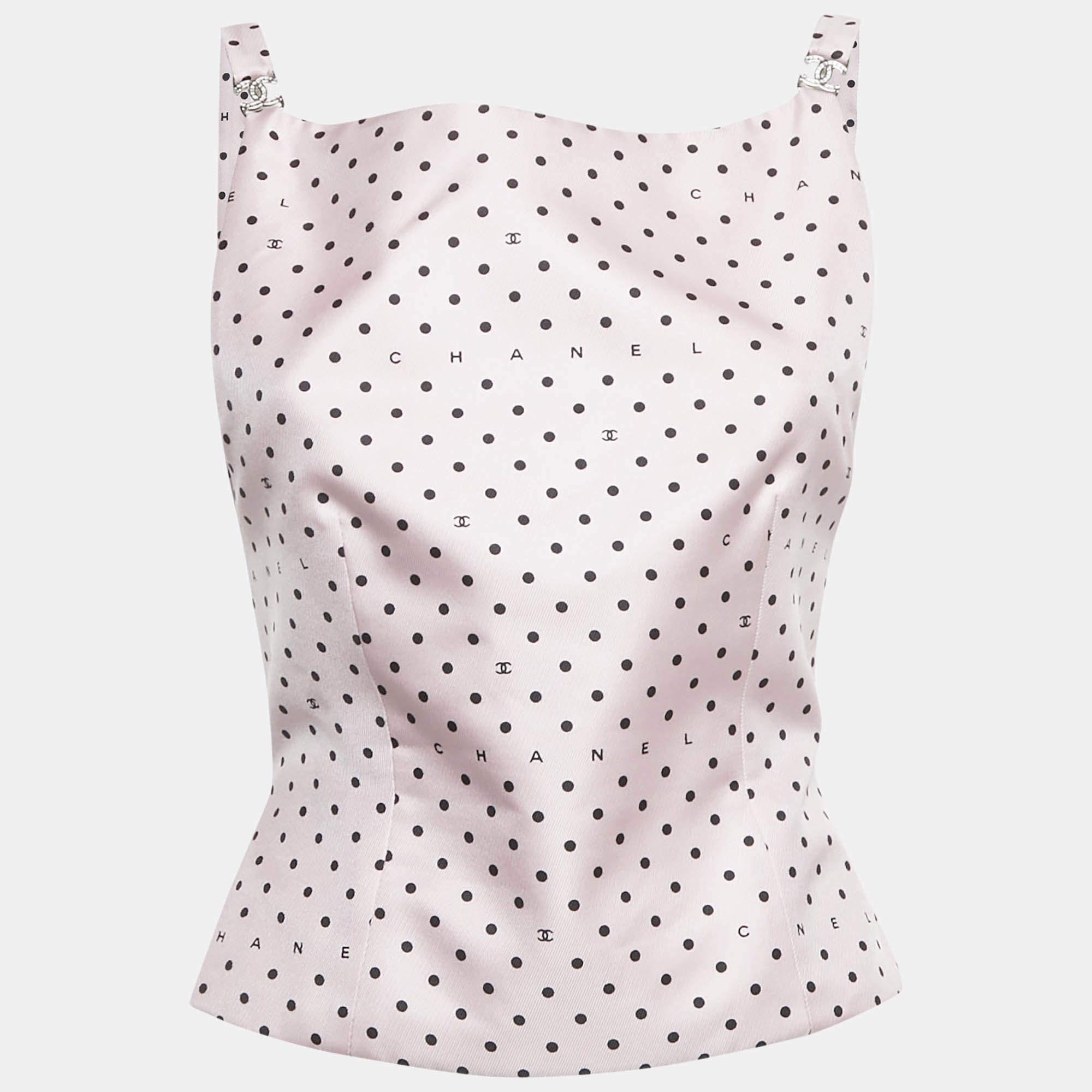 Pre Owned Chanel Pink Polka Dots Silk CC Detail Lace-Up Top M