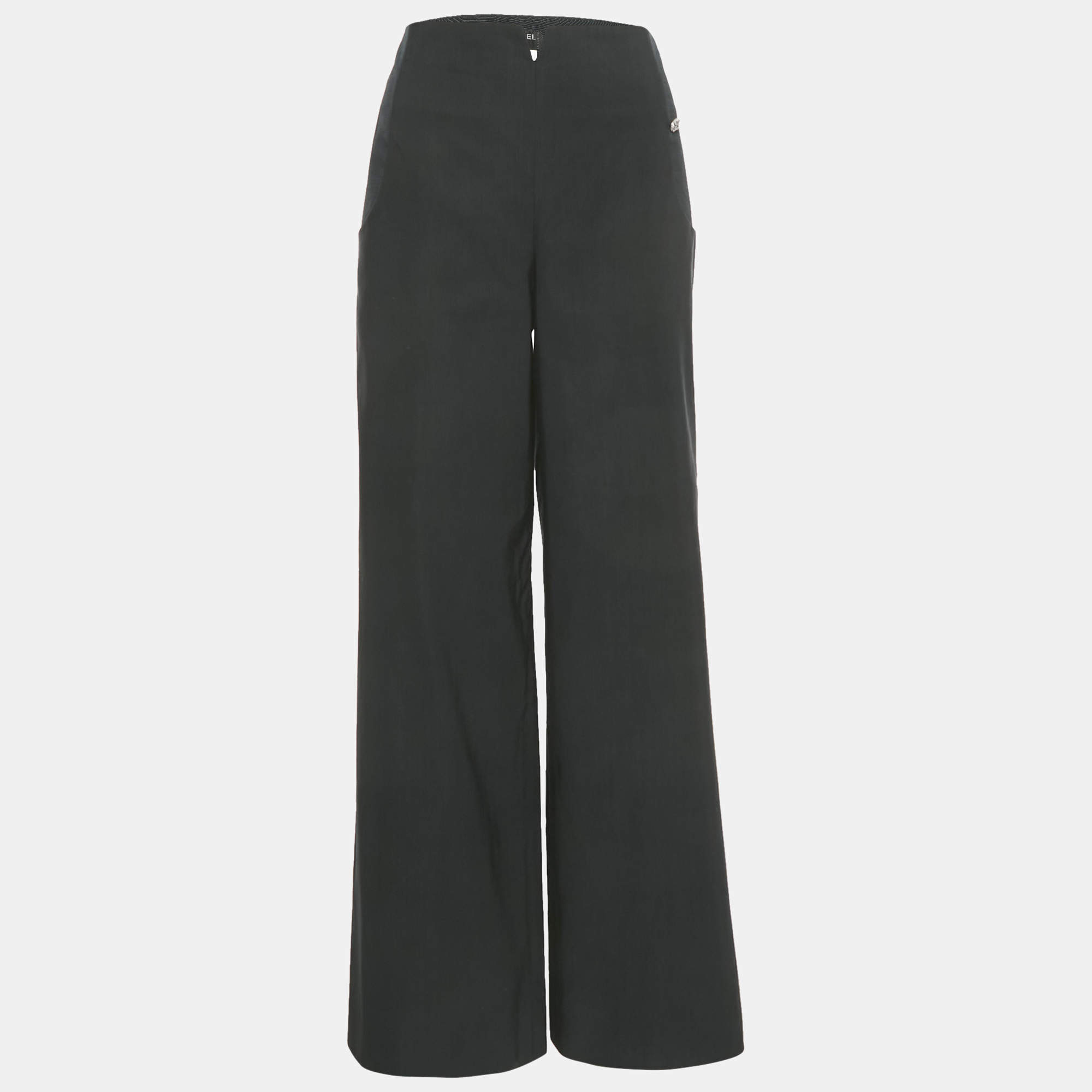 Pre Owned Chanel Midnight Blue Cotton and Nylon Wide Leg Trousers M