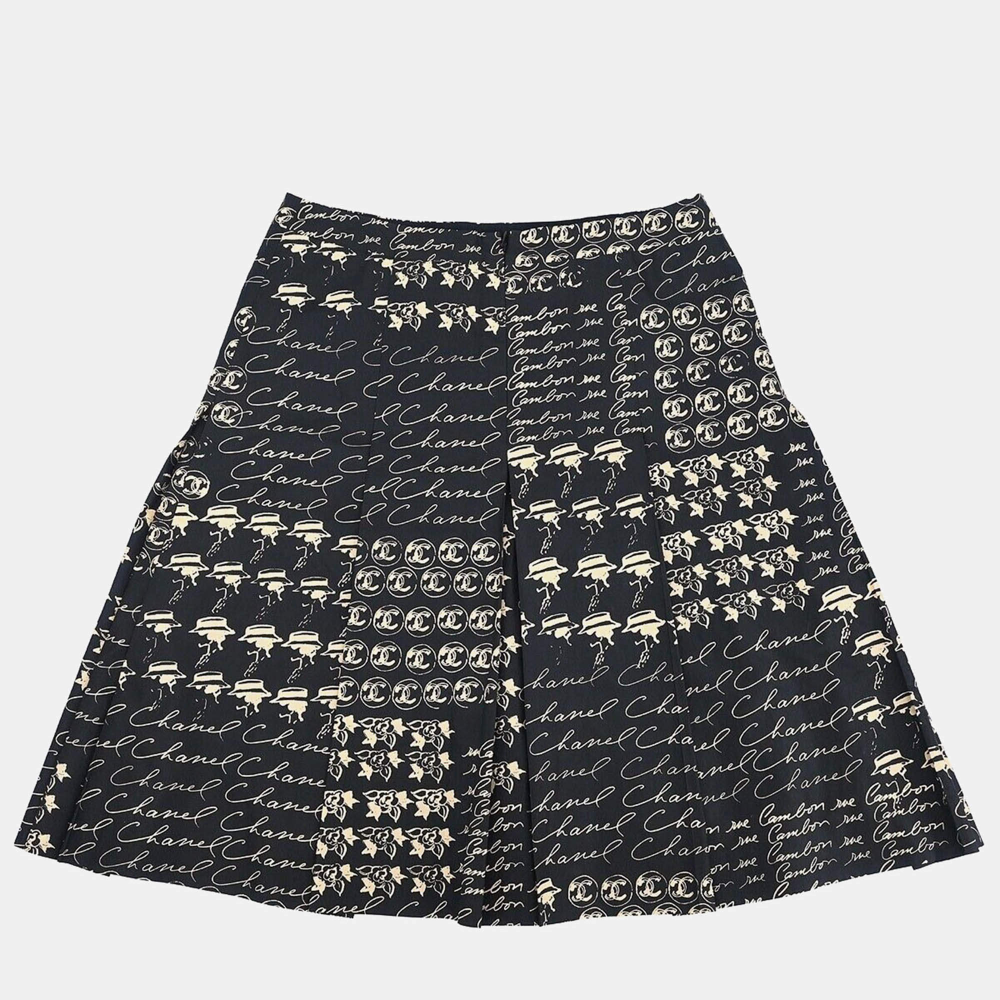 Pre Owned Chanel Black/Beige Silk Skirt Size 38