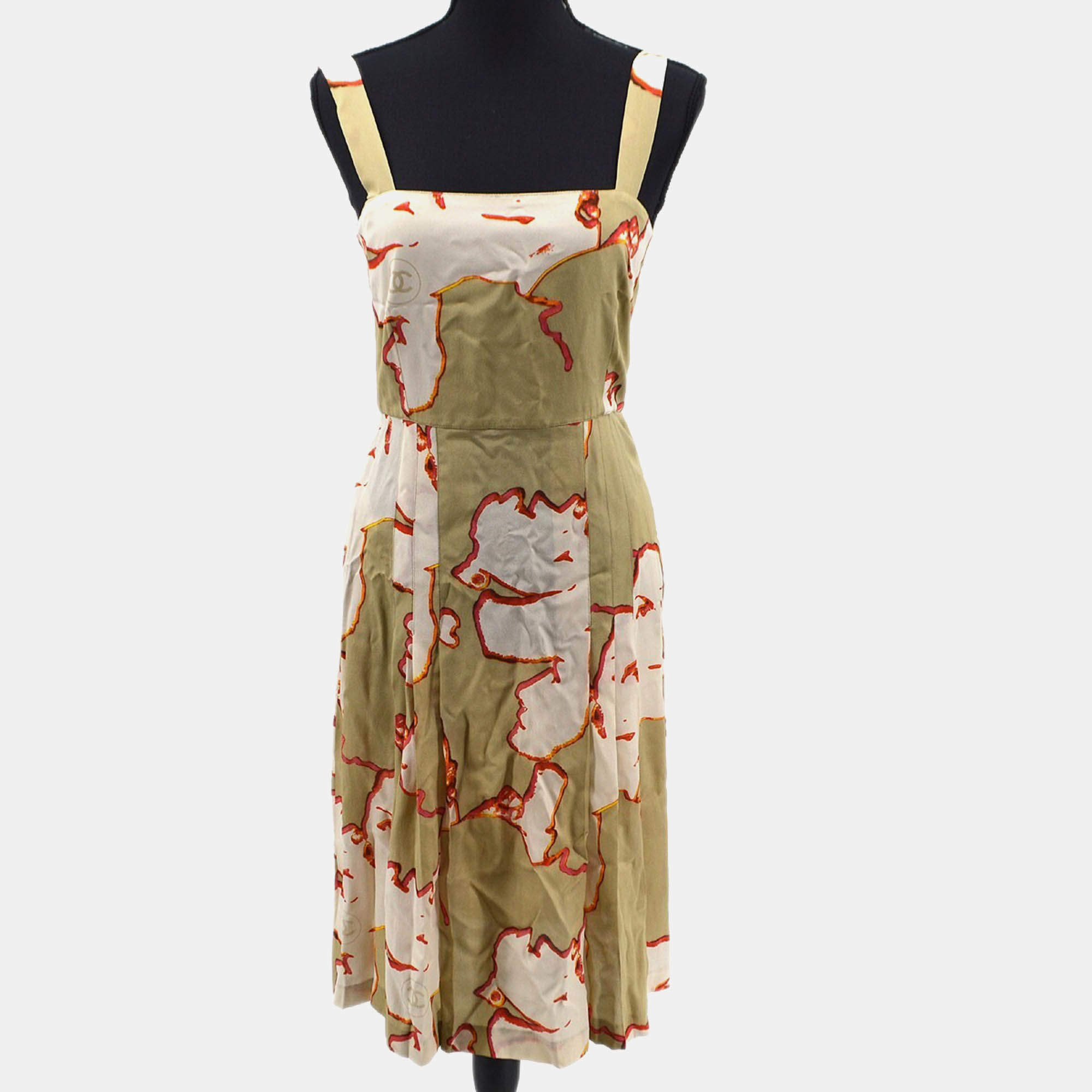 Pre Owned Chanel Skirt Beige Silk Dress Sleeveless Dress Size 38