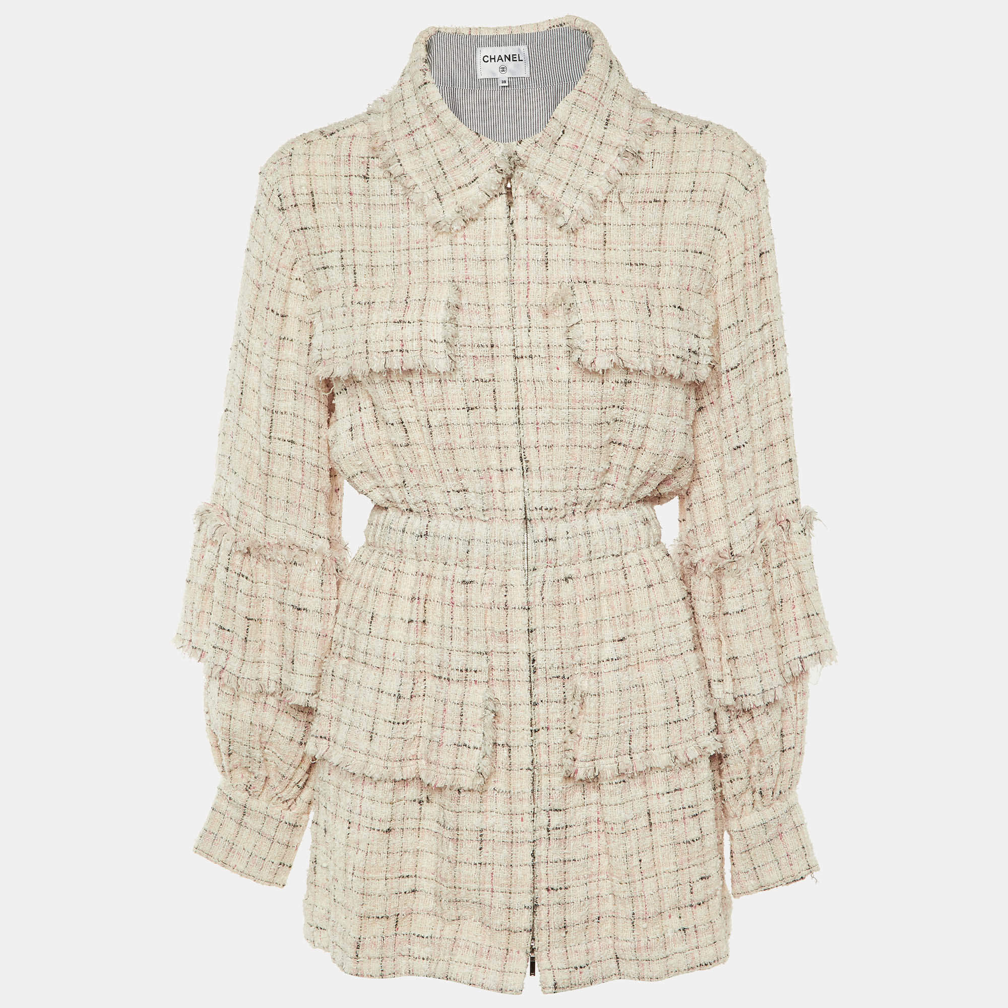 Pre Owned Chanel Pale Pink Tweed Zip Up Mini Dress M