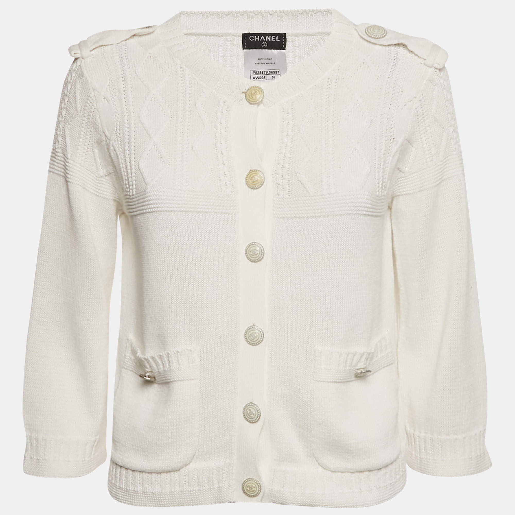 مملوكة مسبقًا Chanel White Patterned Knit Button Front Cardigan S