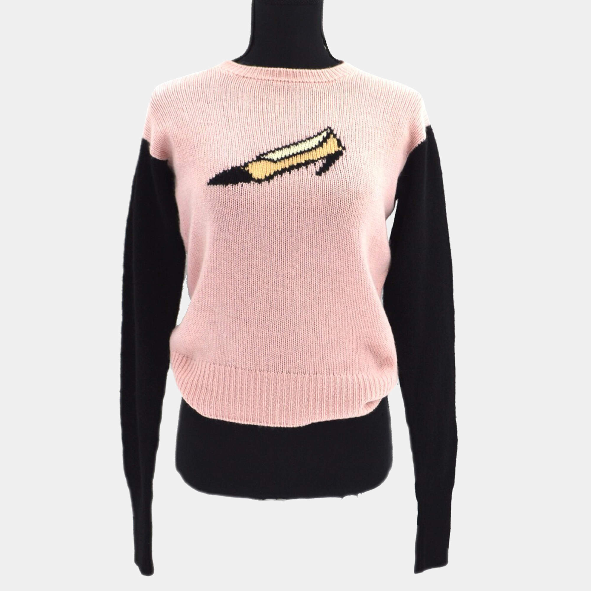 Pre Owned Chanel Pink Black Long Sleeve Round Neck Knit Sweater 