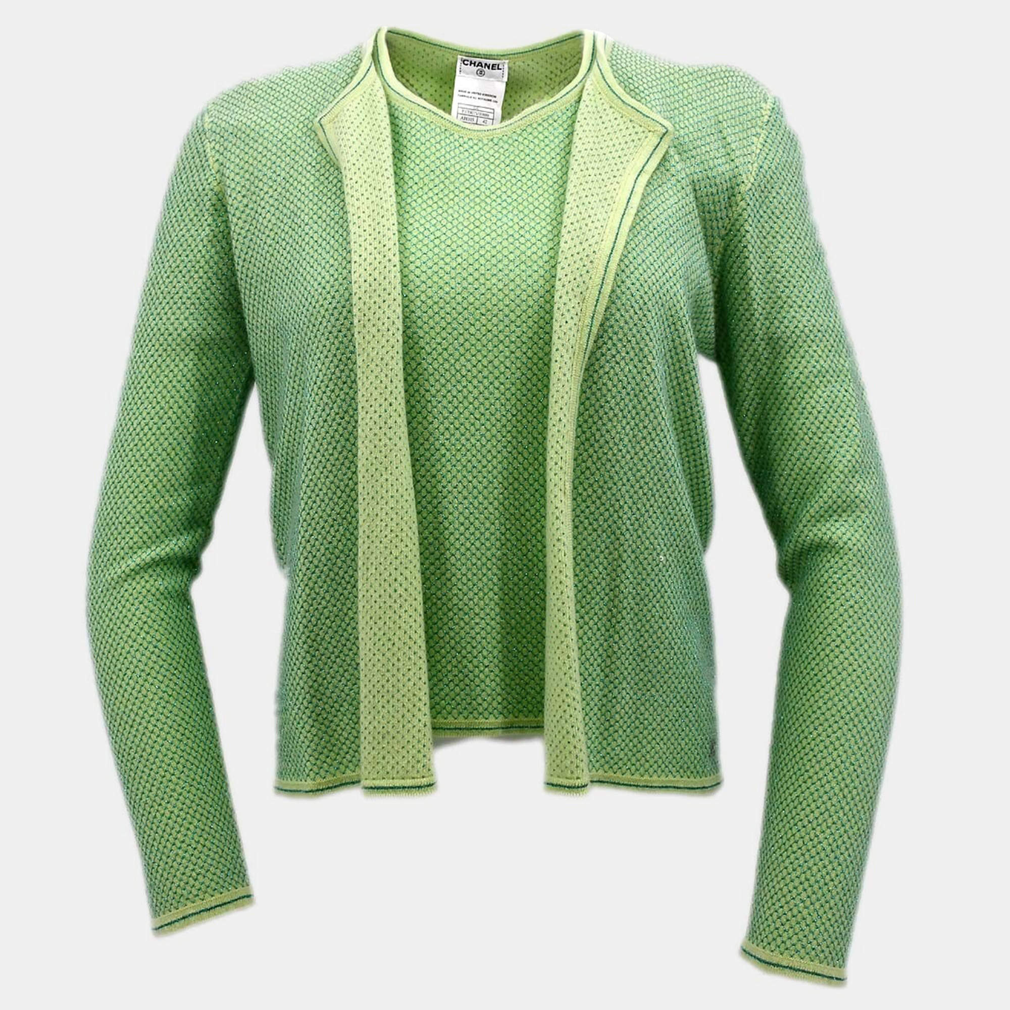 Pre Owned Chanel Ensemble Cardigan Short Sleeve Top Green #42