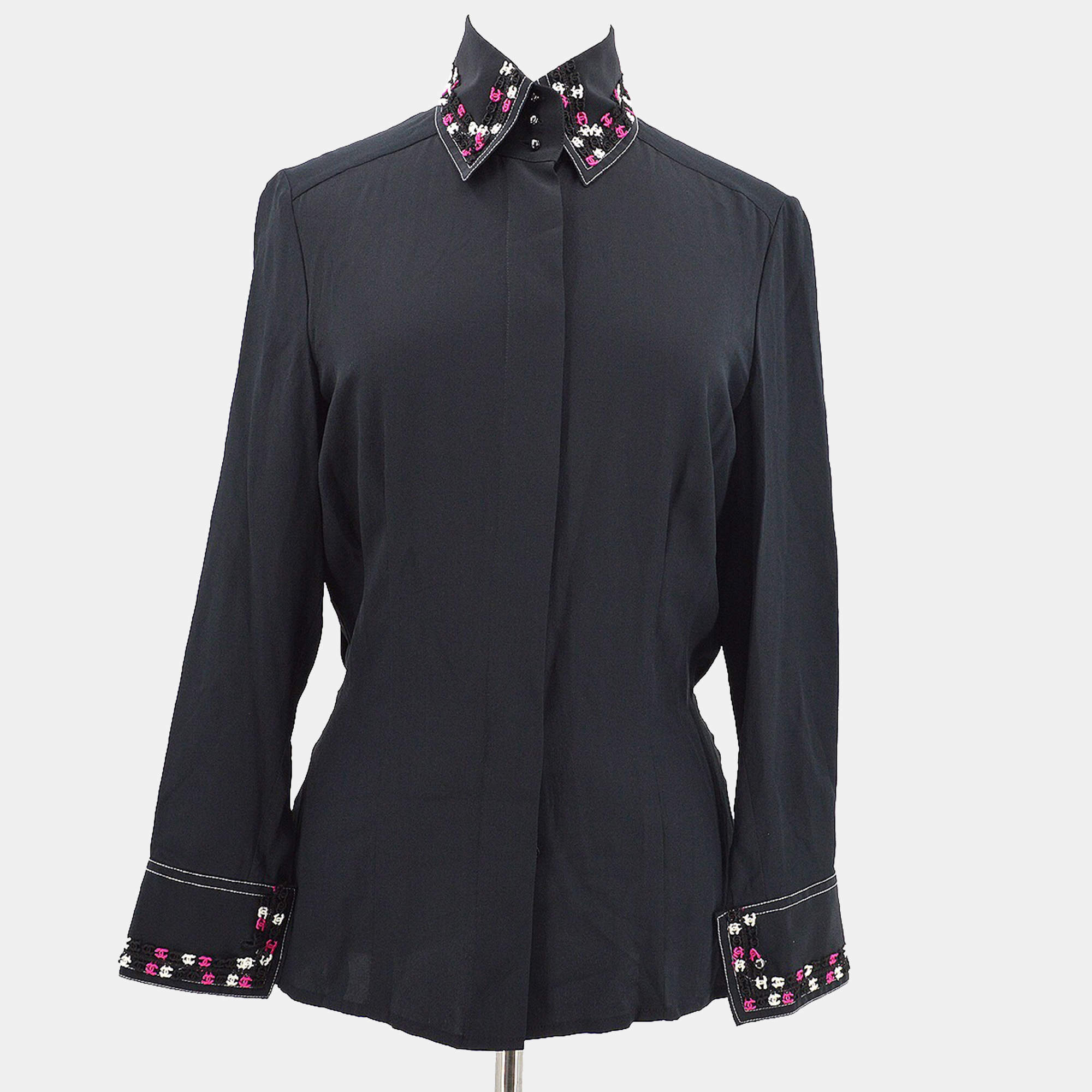 Pre Owned Chanel  Race Front Opening Long Sleeve Top Shirt Black