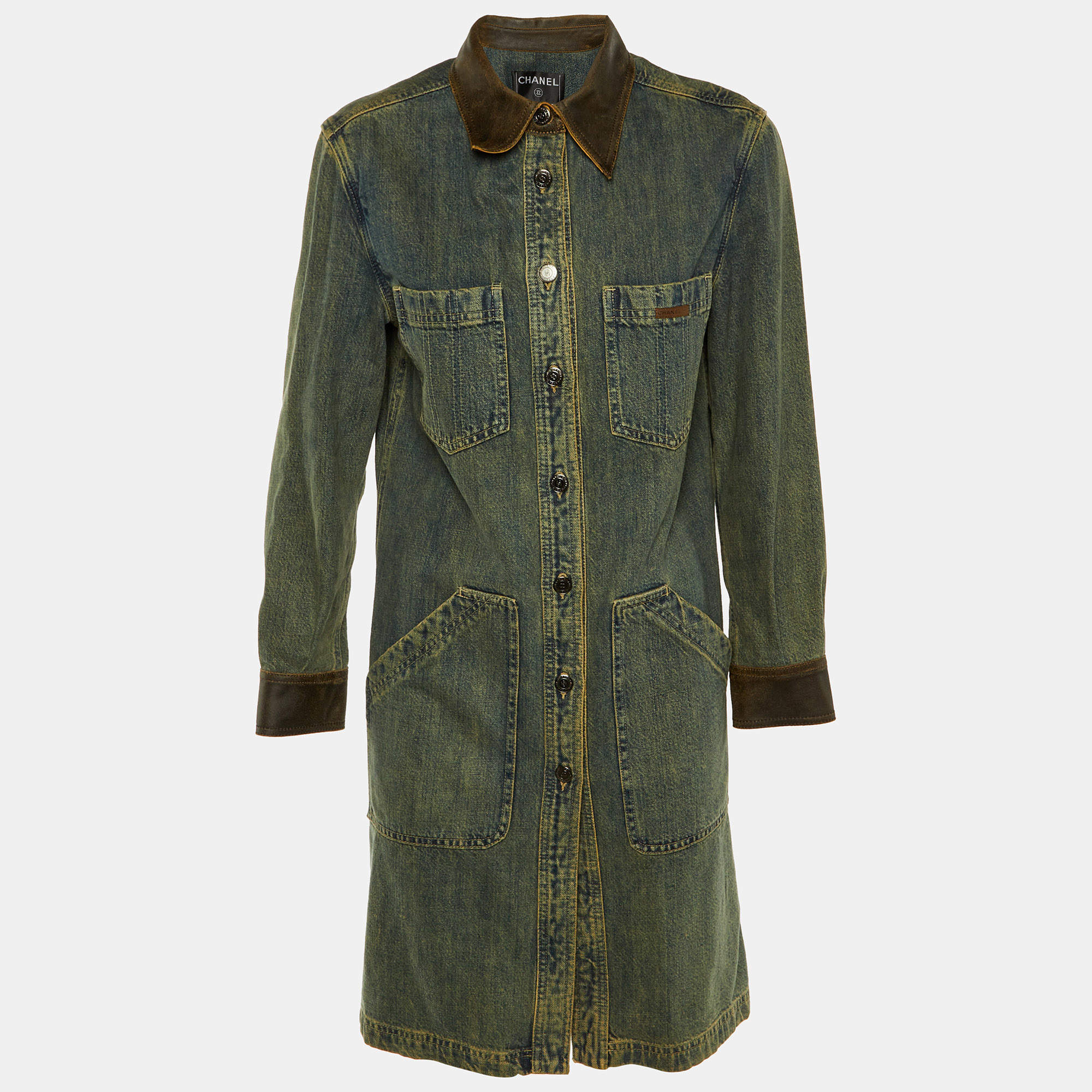 Pre Owned Chanel Blue Denim & Leather Collar Button Front Coat M