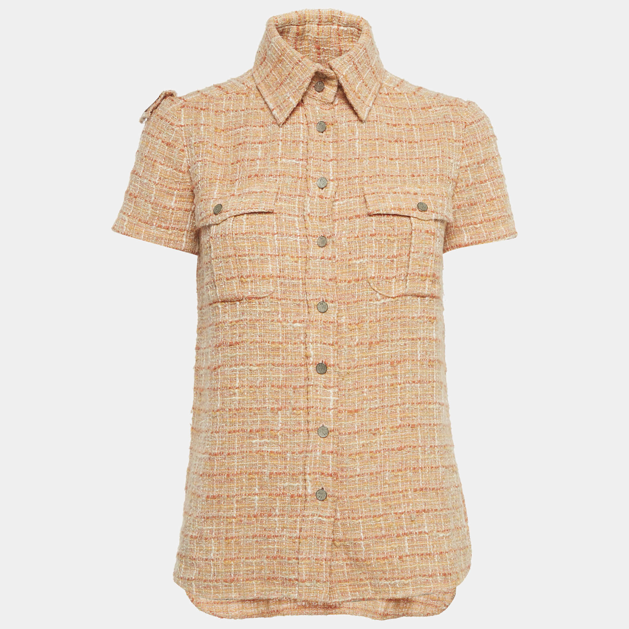 Pre Owned Chanel Orange Tweed Short Sleeve Shirt S