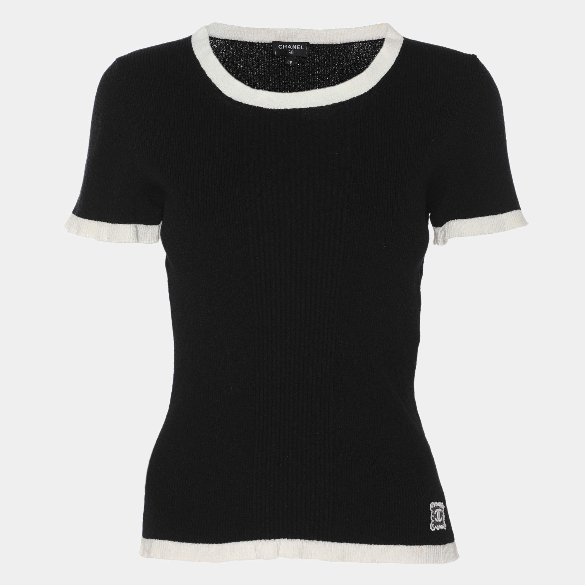 مملوكة مسبقًا Chanel Black/White Rib Knit Tops M