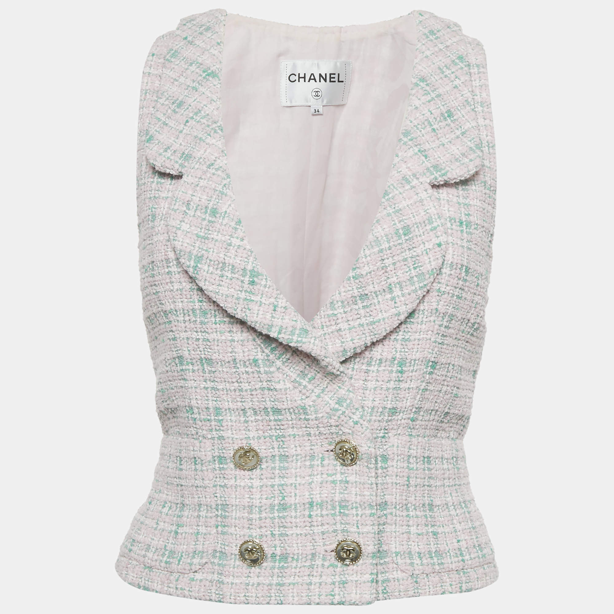 Pre Owned Chanel Pink/Green Tweed Double Breasted Sleeveless Jacket S