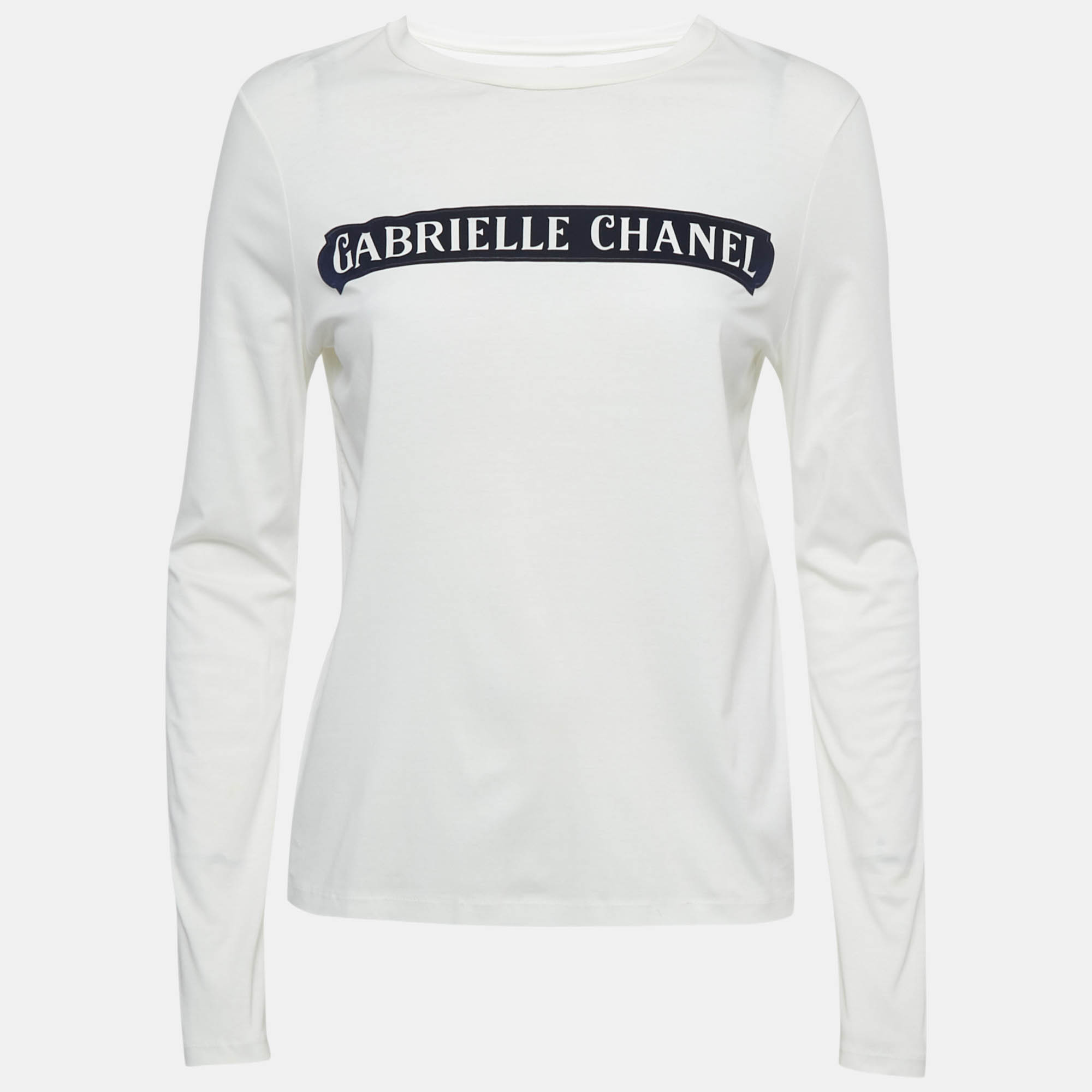 Pre Owned Chanel White Logo Applique Cotton Full Sleeve T-Shirt S