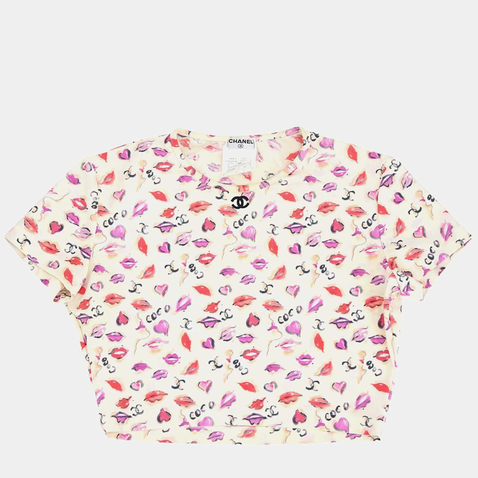 Pre Owned Chanel Lipstick Cropped Ivory Cotton T-Shirt Size 42