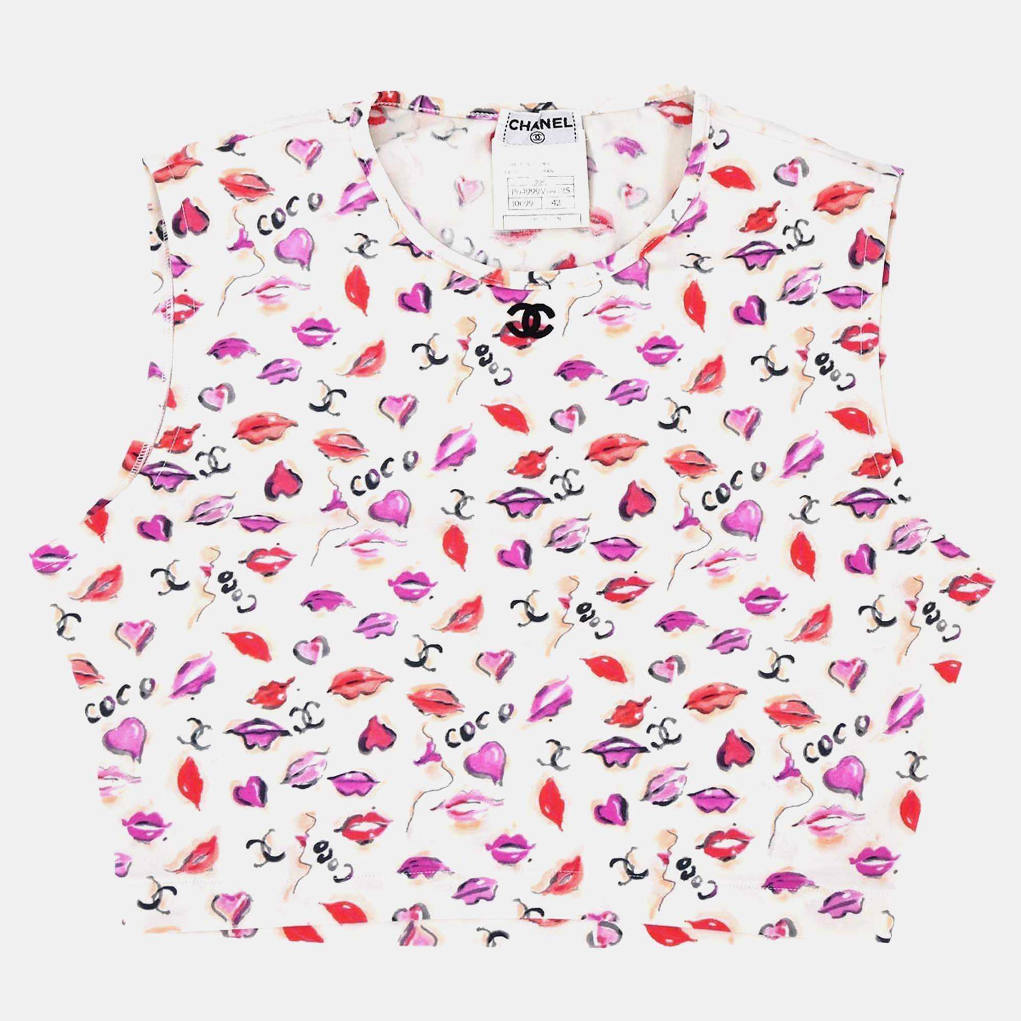 مملوكة مسبقًا توب شانيل أحمر شفاه مقطوع بلا أكمام أبيض #42