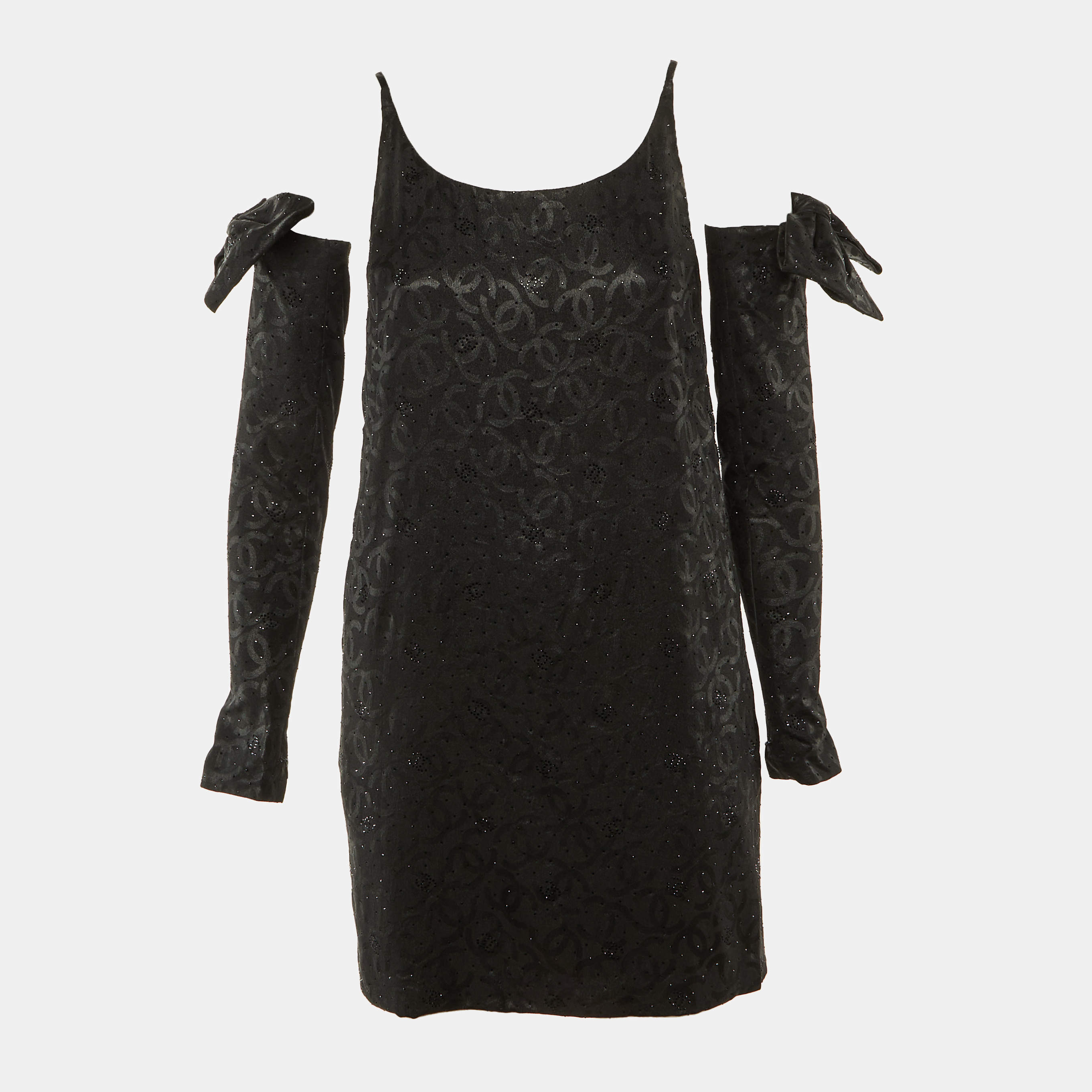 Pre Owned Chanel Black Silk CC Embellished Glove Detail Mini Dress M