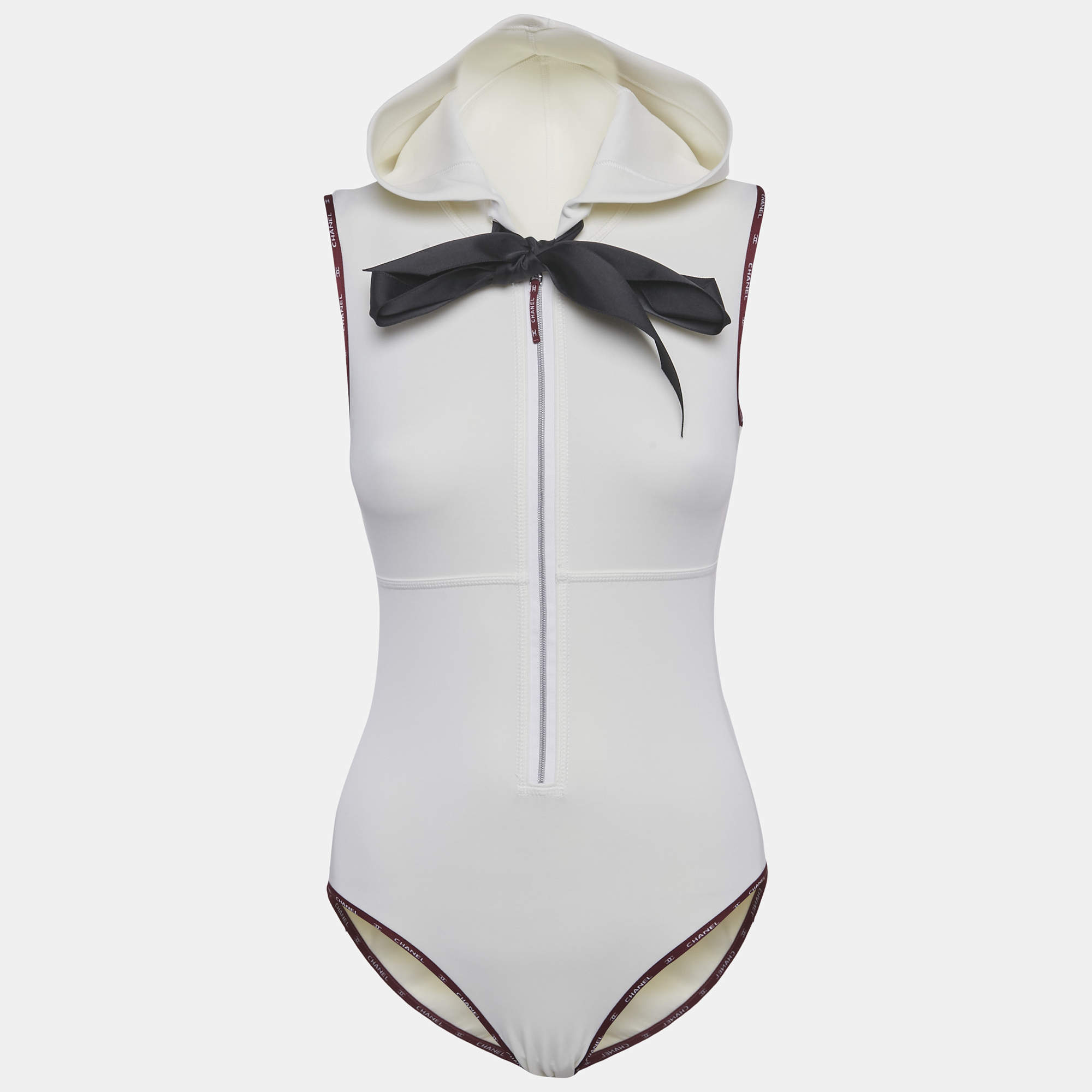 Pre Owned Chanel Cream Jersey Hooded One Piece Swimsuit S  