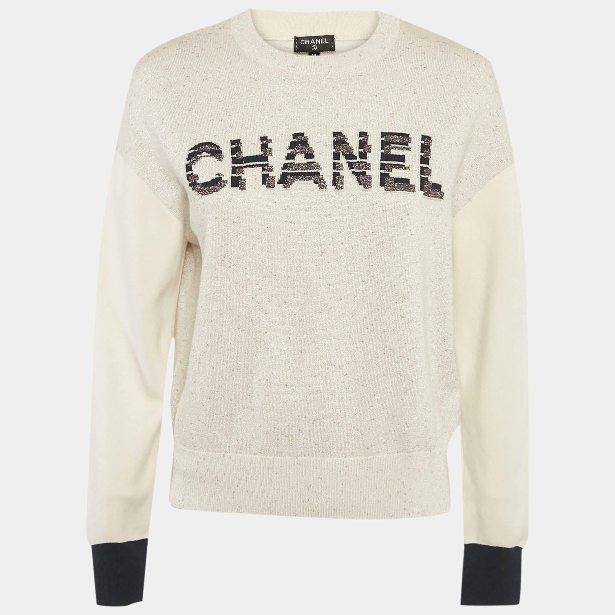 Pre Owned Chanel White/Metallic Lurex Knit Logo Detail Long Sleeve Sweater M