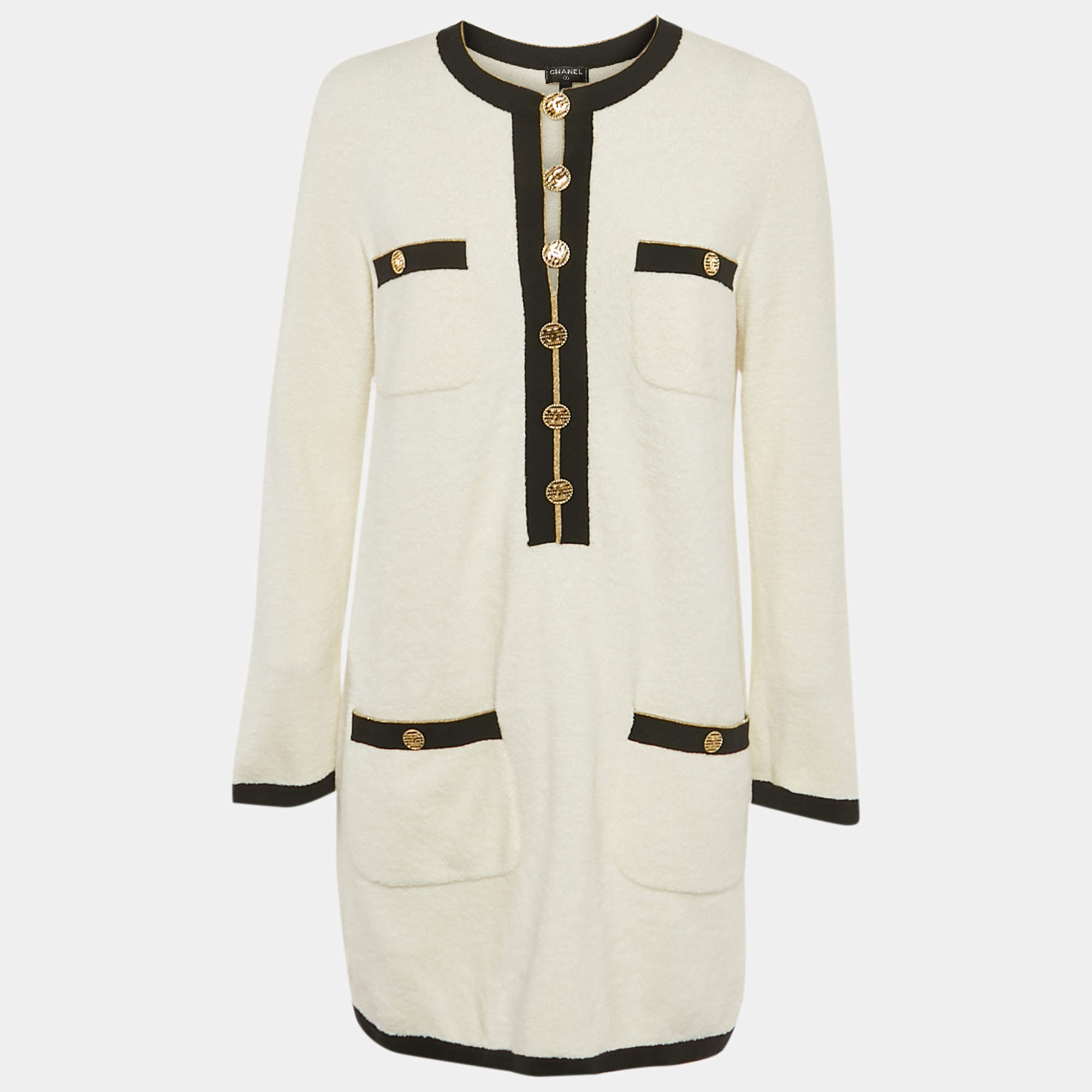 Pre Owned Chanel White Cotton Terry Button Detail Mini Dress M