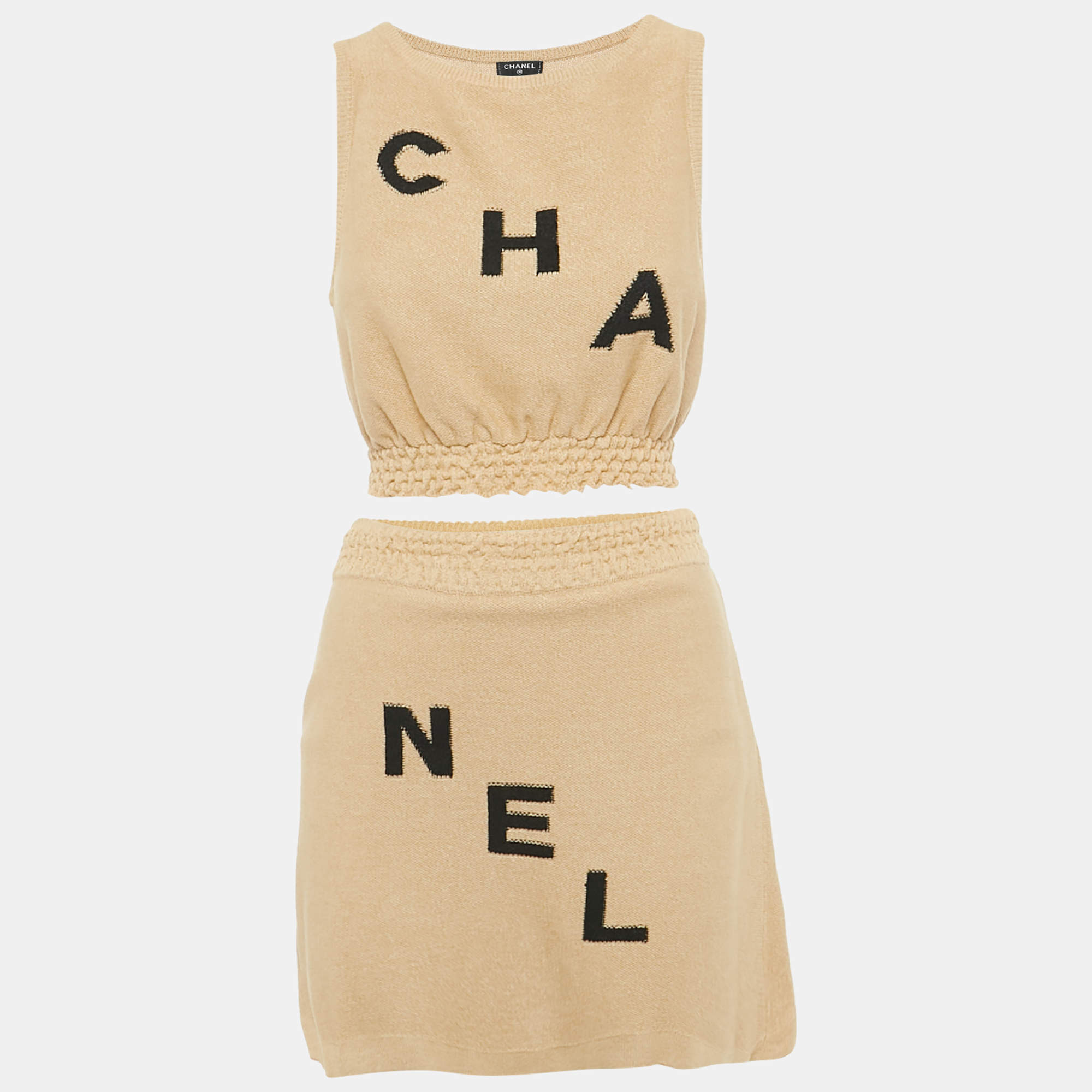 Pre Owned Chanel Brown Logo Jacquard Knit Top and Skirt Set M