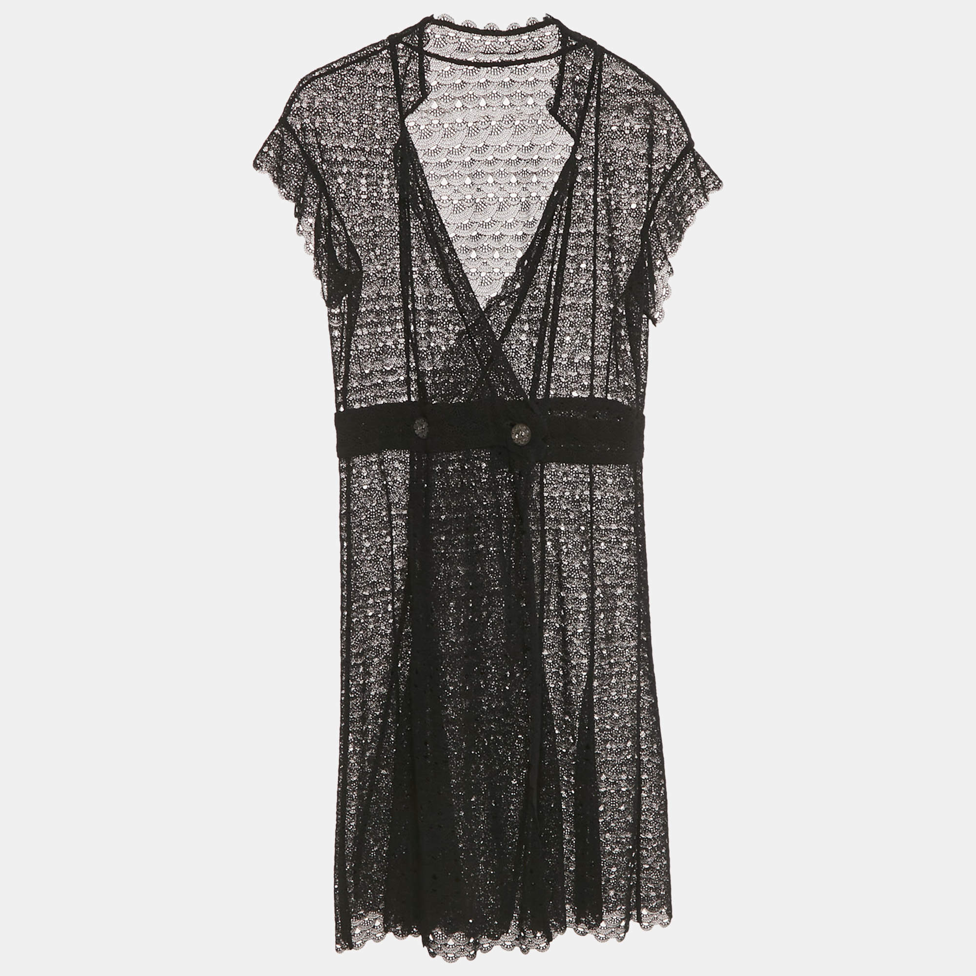 Pre Owned Chanel Black Crochet Double Breasted Short Dress M  